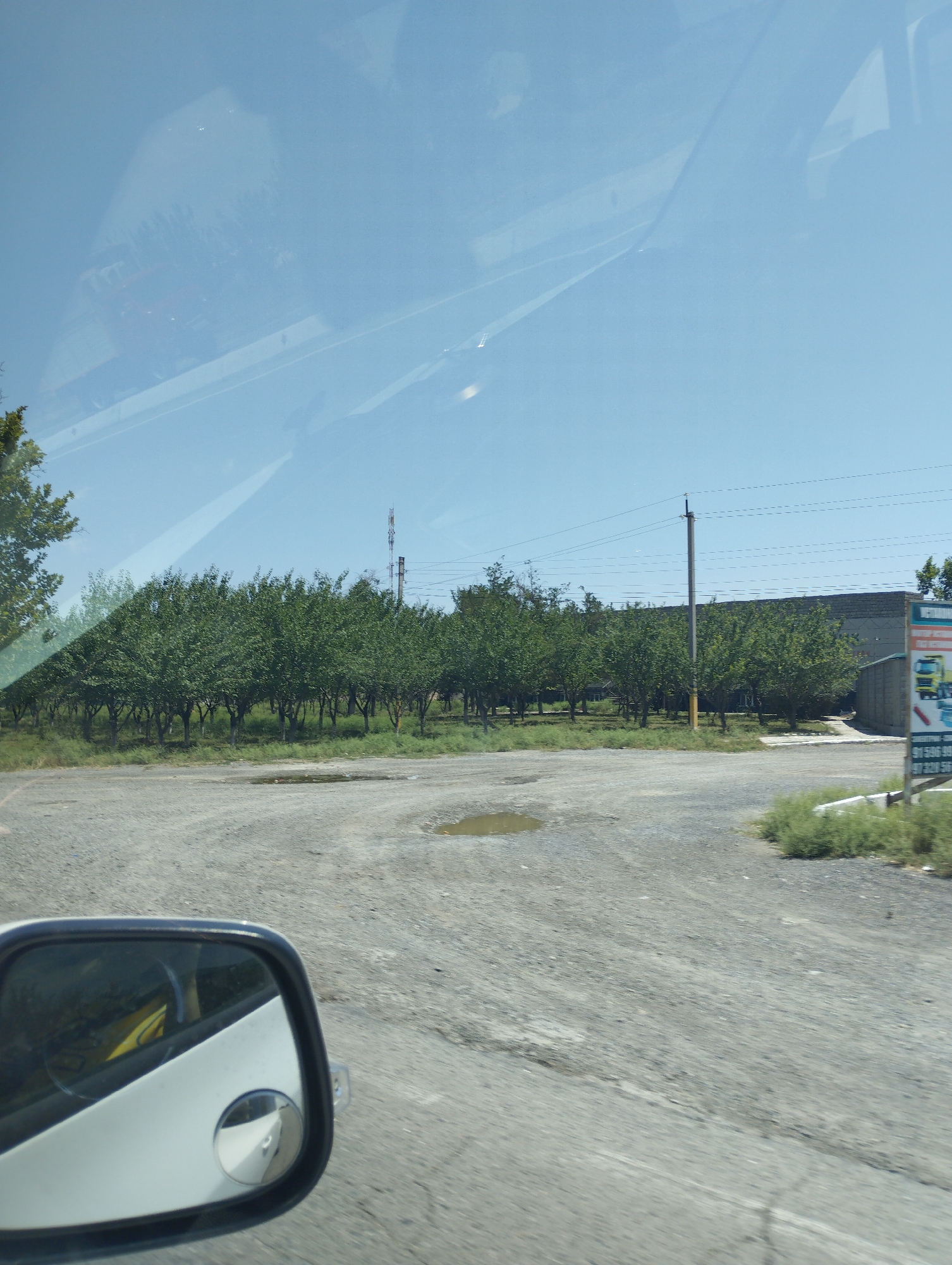 The image depicts an outdoor scene with a dirt road in the foreground, lined with a row of green trees on the left and a building and more trees on the right. A white car's side mirror is visible in the bottom left corner, reflecting the interior of the car. The sky is blue and clear with some wispy clouds. There are power lines and a cell tower visible in the background. A sign with text and an image of a truck is also present on the right side of the image. The scene appears to be in a rural or semi-industrial area. The location is identified as Turkkishlak, Uzbekistan.