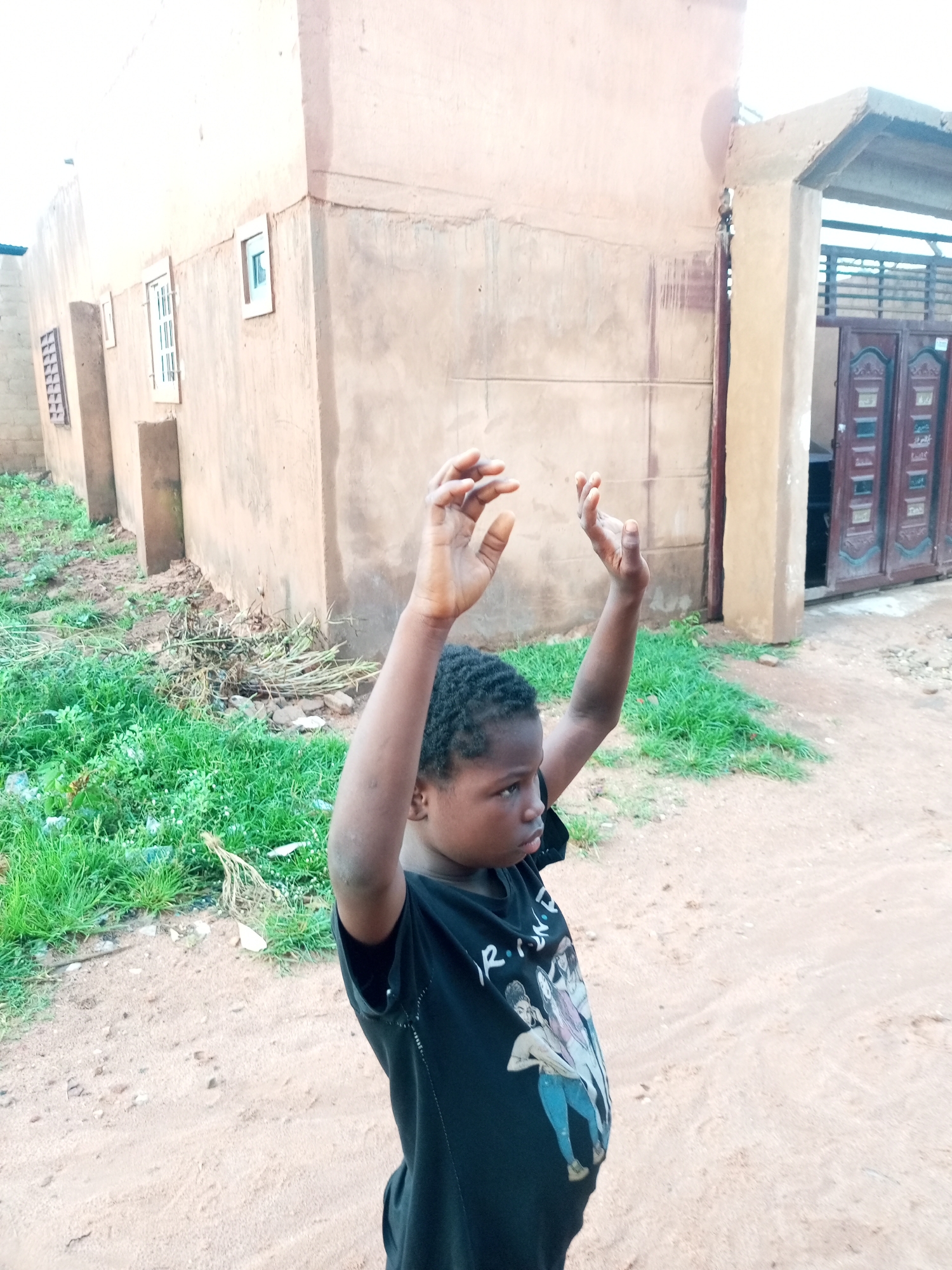 A young boy, likely under the age of ten, stands outdoors in what appears to be a rural or semi-urban area of Tempure, Nigeria. He is wearing a black t-shirt with a graphic print featuring several stylized figures. His arms are raised, with hands open and palms facing forward, as if gesturing or in a pose of surprise or appeal. The background consists of a light-colored, somewhat rough-textured building, possibly made of adobe or concrete. To the left of the building, there is a patch of green grass and some dry vegetation. The ground is a sandy, reddish-brown dirt. The overall impression is a candid moment captured in a simple, everyday setting.