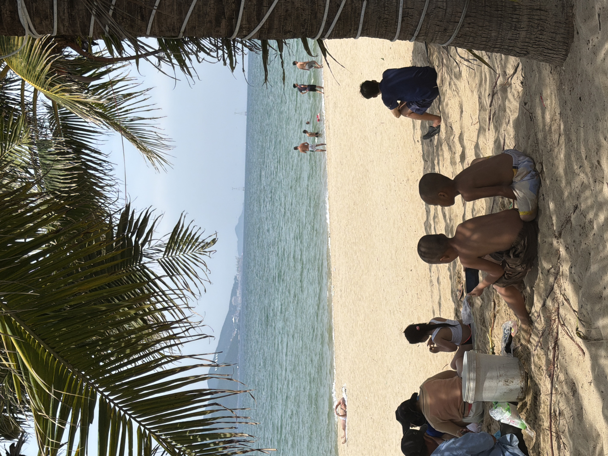 The image depicts a sunny day at a beach, likely in Nha Trang Ward, Vietnam, with palm frands in the foreground casting shadows on the sand. In the distance, the turquoise ocean meets a hazy horizon with distant hills and infrastructure. Several people are visible. On the sand in the foreground, a group of individuals are seated, some facing away from the camera. Further back, near the water's edge, several people are wading and playing in the ocean. One person is lying on a towel on the beach, sunbathing. The sand is light brown and appears dry, with scattered debris from vegetation. The overall atmosphere suggests a relaxed day at the seaside.