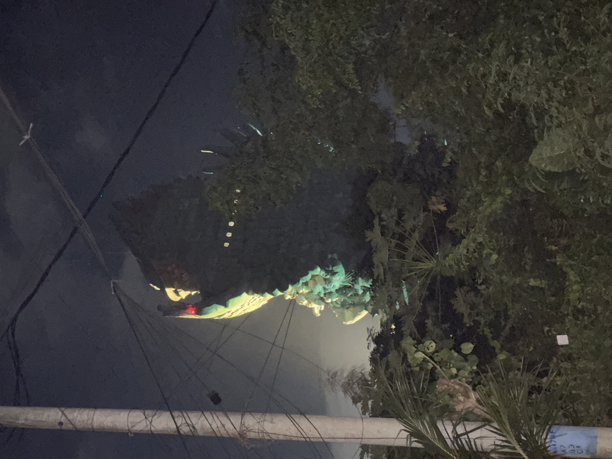 The image, taken at night, features a large, illuminated statue of Garuda Wisnu Kencana (GWK) in Kuta Selatan, Indonesia. The statue is partially obscured by trees and power lines. The statue's face is lit with a reddish eye, with the body and wings lit in green and white. The background consists of the dark night sky and dense foliage. A horizontal white pipe runs along the lower part of the image with power lines draped along it. A blue sign is to the right corner of the picture.