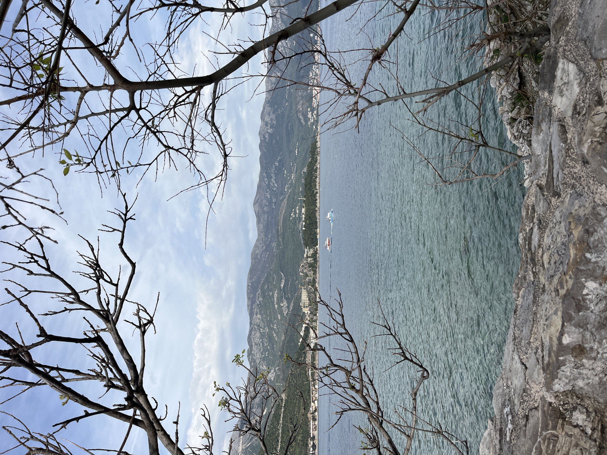 The image captures a landscape near Budva, Montenegro, viewed from a height, likely a cliff or elevated terrain. In the foreground, bare tree branches with only a few sprouting leaves frame the scene. Beyond the branches lies the Adriatic Sea, with gentle ripples on its surface. Along the coast, there is a mountain range, with scattered buildings and vegetation dotting its base and slopes. Several boats are visible on the water, including what appears to be a parasailing boat. To the right, part of a rocky cliff edge is visible, indicating the vantage point of the shot. The sky is partly cloudy.