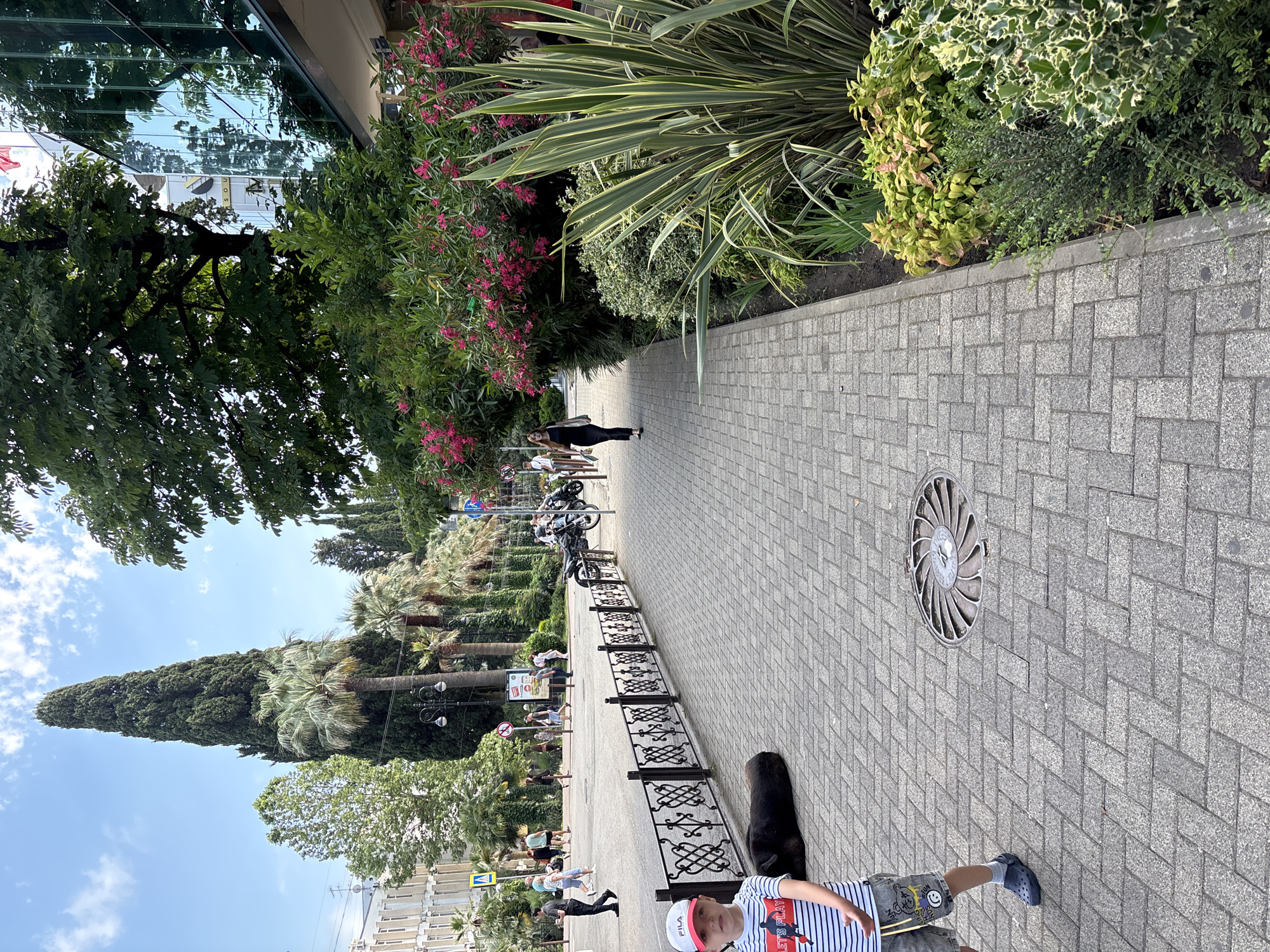 The image depicts a pedestrian area in Sochi, Russia, likely along a promenade or a main street. In the foreground, a young boy wearing a striped t-shirt, grey shorts, and a white baseball cap stands on a paved walkway. To his left, a black dog is lying down on the ground. Behind the boy and dog, a black metal fence with decorative elements runs along the edge of the walkway.
Further in the background, various individuals are walking and standing. The walkway is paved with rectangular gray bricks laid in a herringbone pattern. A circular metal manhole cover is visible on the ground. The scene is lined with lush greenery, including tall trees, palm trees, and flowering bushes with pink blossoms. A modern building with reflective glass windows is visible to the right, suggesting an urban setting. The sky is partly cloudy. In the middle ground, motorcycles are parked near the walkway.