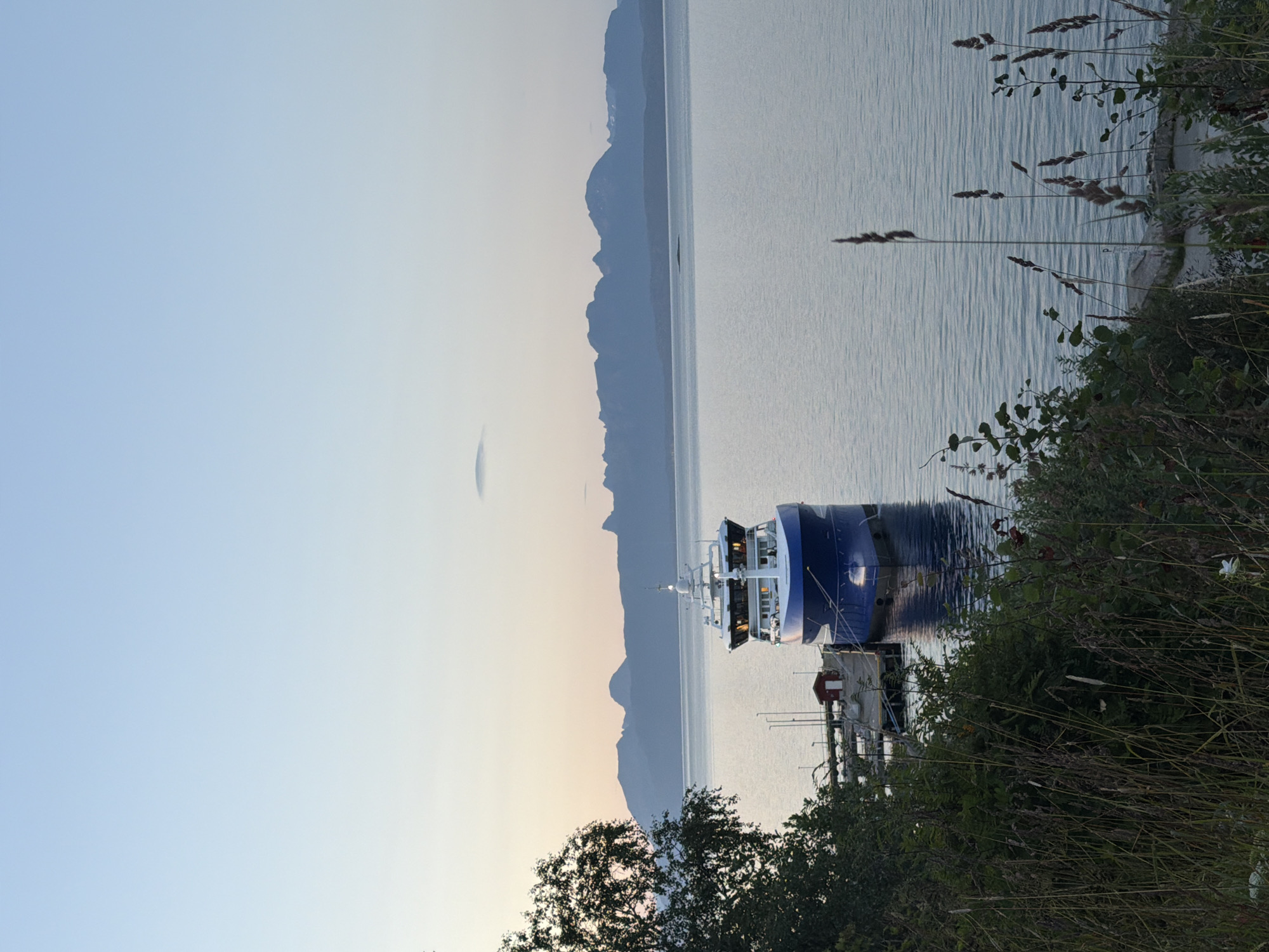 A wide shot captures a serene evening scene in Harstad, Norway, featuring a blue and white fishing vessel docked at a pier. The vessel, with its illuminated bridge, is the central subject, its hull reflecting in the calm, pale blue water. To the left, lush green trees and dense vegetation frame the foreground, with tall grasses and a few delicate white flowers adding texture. In the background, a range of dark, silhouetted mountains stretches across the horizon under a soft, gradient sky of pale blue fading to a faint blush of pink near the horizon. A small, red building sits on the pier near the vessel, adding a touch of color to the scene. The overall atmosphere is tranquil and picturesque, showcasing the natural beauty of the Norwegian coast at dusk.