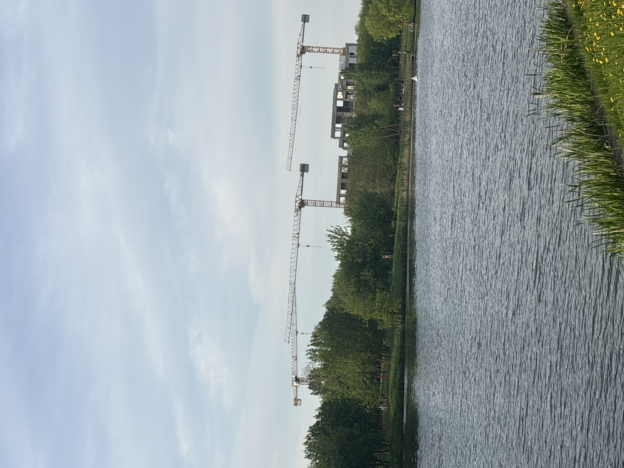 The image shows a waterscape in Minsk, Belarus. On the right side of the image is a body of water. Adjacent to the water is a bank with green grass and yellow flowers. Along the opposite bank are trees and construction cranes. In the background are multistory buildings. The sky is partly cloudy.