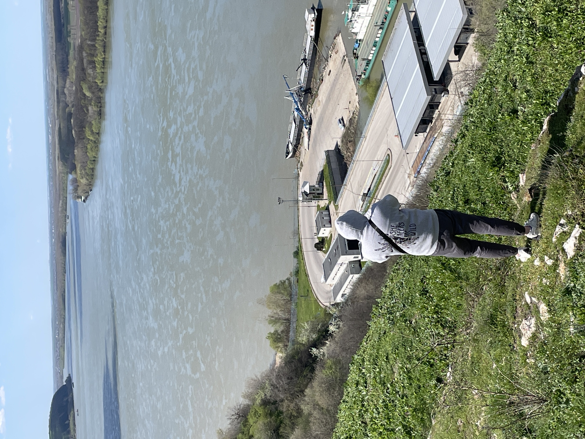 A person stands on a grassy hill overlooking the river Danube in Nikopol, Bulgaria. The river is wide and murky. Across the river is a strip of land covered in trees and vegetation. Alongside the river on the Nikopol side is a port and industrial area with ships and buildings. The person is wearing a grey hooded sweatshirt and dark pants.