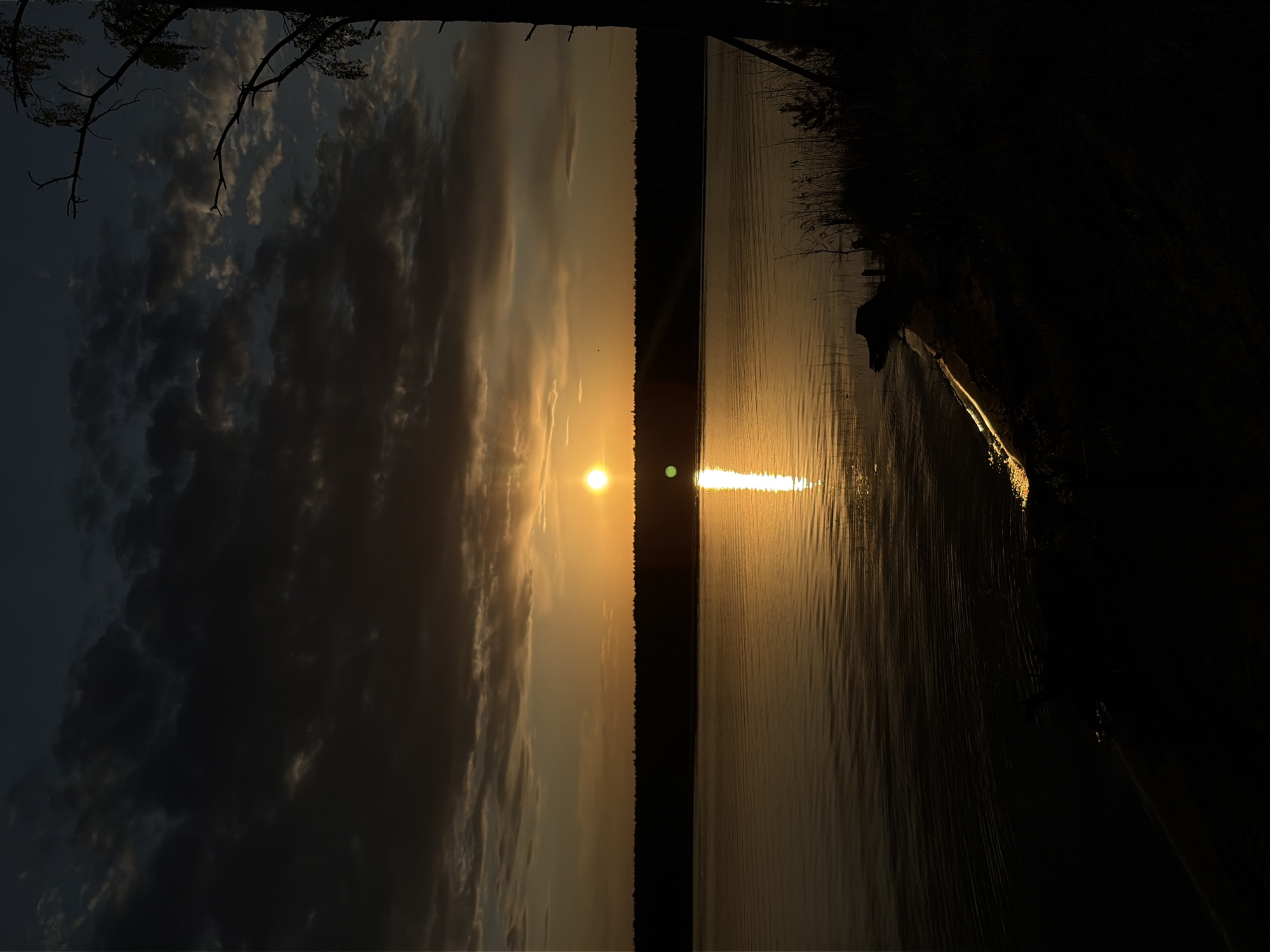 The image depicts a sunset over a body of water, likely a lake or wide river. A line of trees appears to divide the left and right portions of the image, and it is likely that the picture was taken in Zabegaevo, Russia. The left side of the image reveals a sky filled with clouds and the setting sun, and the right side shows the water's surface reflecting the sunlight, with a darker shoreline on the right. A tree branch is visible at the top left corner of the frame.