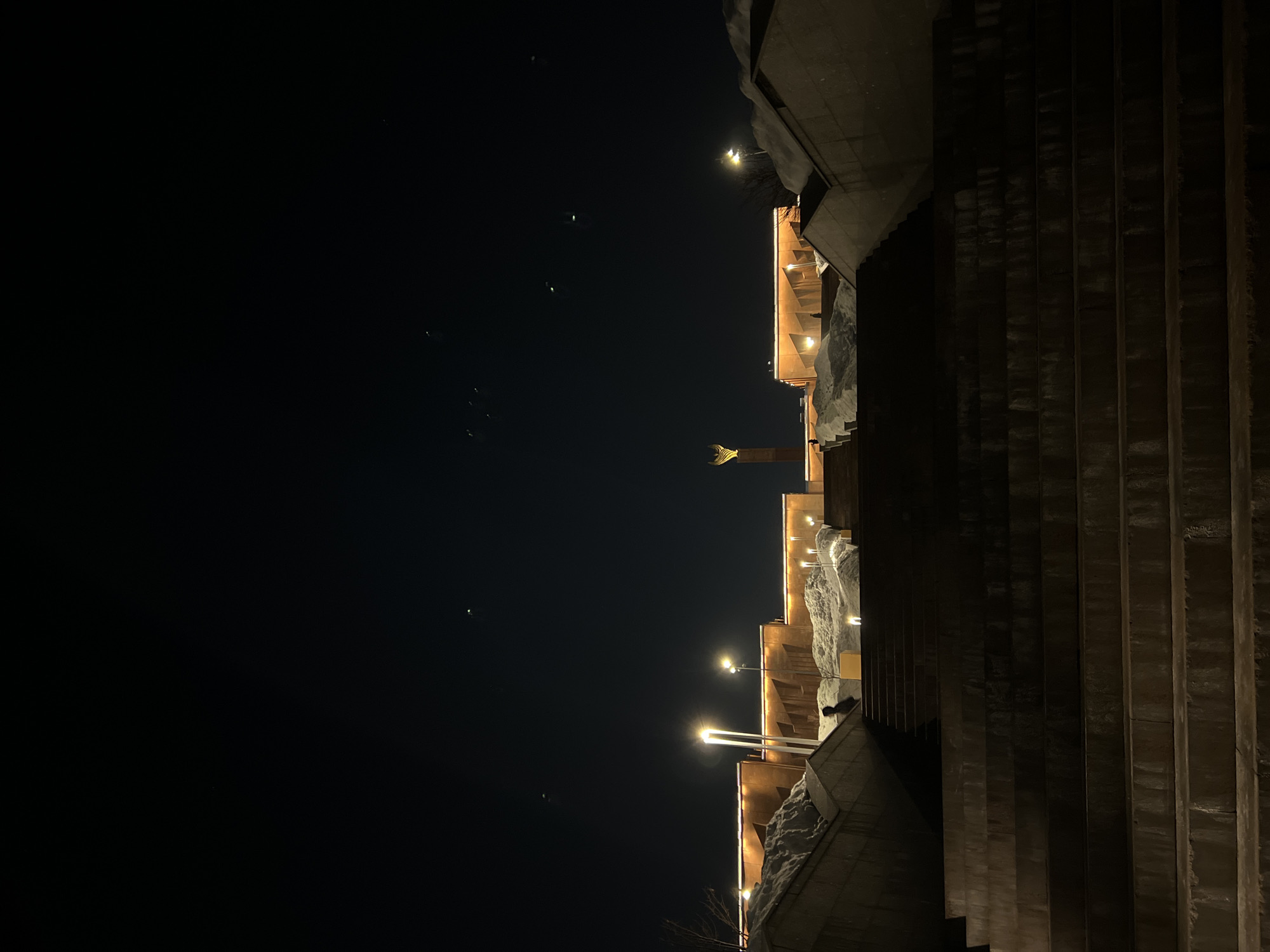 The image depicts a nighttime winter scene at the Kazan Family Center (Kazan Wedding Palace) and its surrounding embankment in Kazan, Russia. A wide, multi-tiered concrete staircase dominates the lower two-thirds of the frame, ascending towards the background. The staircase steps are dark, with minimal direct illumination.
Flanking the staircase are sloped concrete structures and landscaped terraces, all heavily covered with white snow. Several streetlights illuminate the scene: two prominent modern, vertical white light fixtures are visible on the left side of the upper midground, while more traditional streetlights with warm yellow-orange glows are interspersed throughout the upper levels. The architectural facades in the background are illuminated with warm-toned linear strip lighting.
At the top of the central ascent, silhouetted against the dark sky, stands a golden, bird-like sculpture (the Khoryas), positioned on a pedestal. Several indistinct human figures are visible: one dark silhouette stands on the stairs in the midground to the left, and at least two more faint silhouettes appear on the upper platforms near the golden sculpture. The sky is dark, typical of night, with a few faint, scattered light anomalies, possibly lens flares or distant lights. Bare tree branches are partially visible on the far left. The overall impression is one of a grand, illuminated architectural complex covered in snow at night.