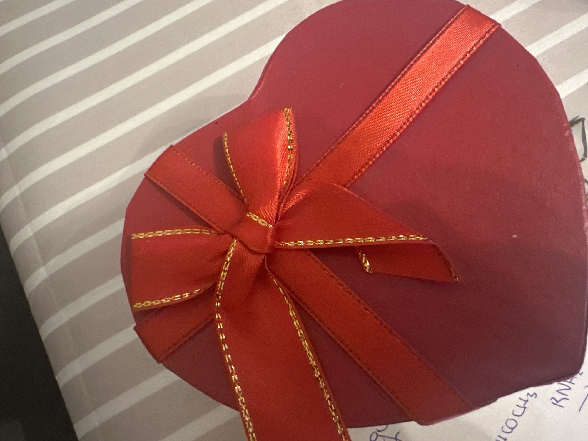 A close-up, slightly angled shot features a red, heart-shaped box adorned with a matching red ribbon and bow. The ribbon is detailed with thin gold stitching along its edges. The box sits atop a surface covered in light grey and white horizontal stripes. Adjacent to the box, handwritten text is visible, including what appears to be chemical formulas and the abbreviation "RNA." The setting is most likely an indoor environment. There is insufficient information in the image to determine whether the location is in Sofia, Bulgaria.
