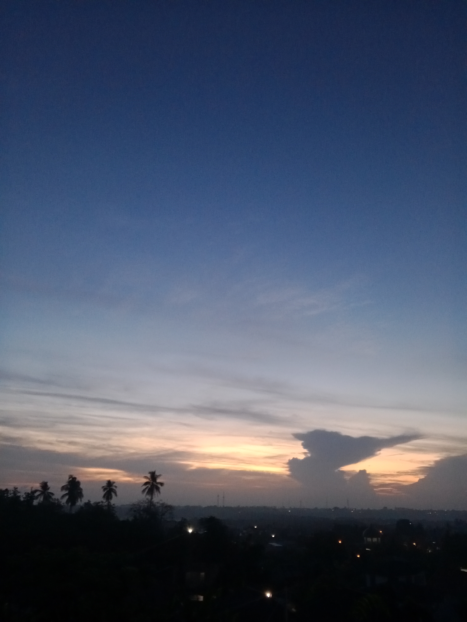 The image depicts a dusky sky above what appears to be a cityscape in Lhokseumawe, Indonesia. The sky transitions from a deep blue at the top to a lighter, orange-tinted horizon. Thin clouds stretch across the mid-section of the sky. The silhouette of several palm trees is visible at the bottom left, followed by the dark outline of buildings and trees extending across the bottom of the frame, punctuated by the distant lights of the city. A prominent, anvil-shaped cloud formation stands out against the lighter part of the sky.