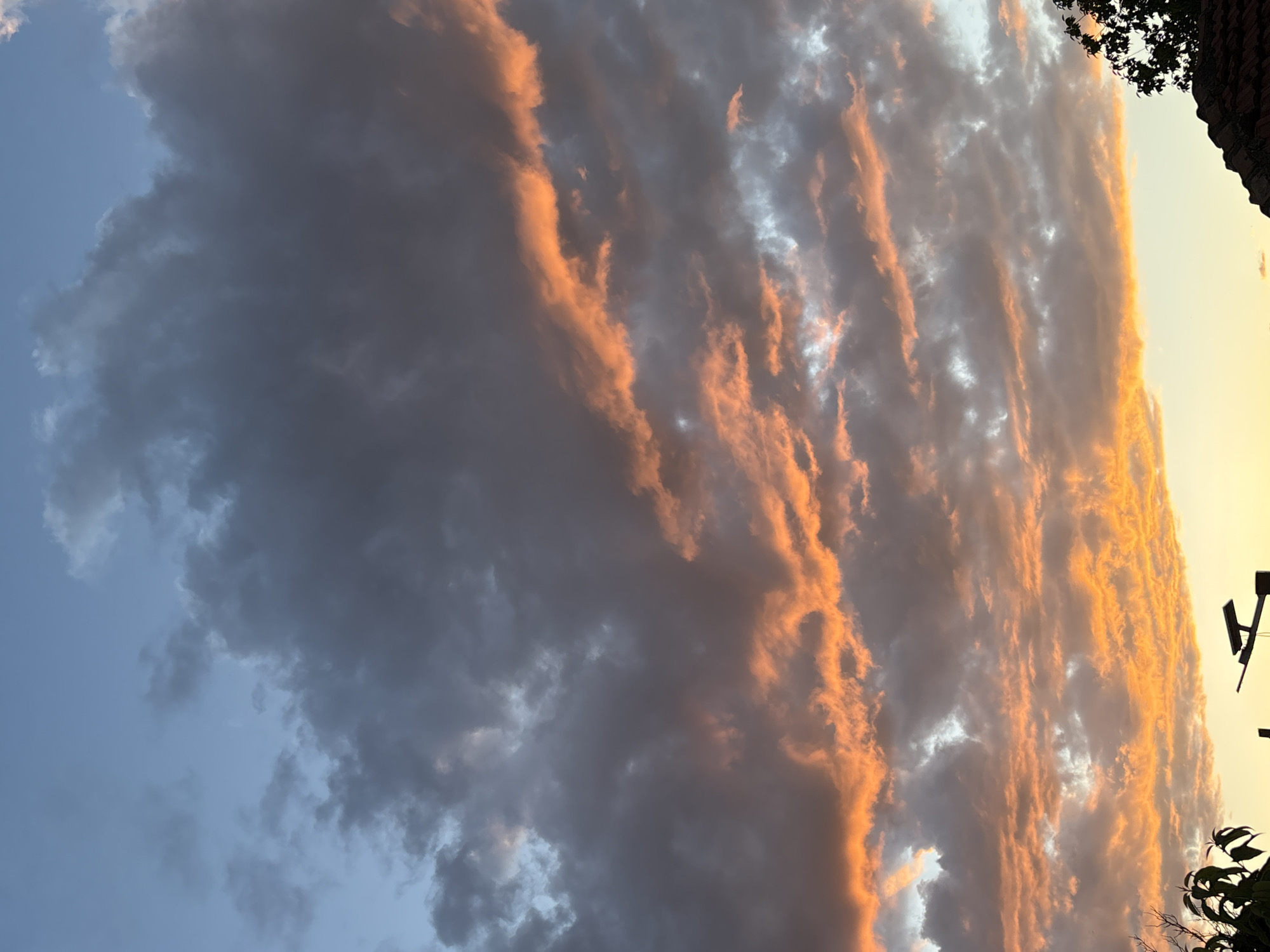 The image captures a dramatic sky scene, likely at sunset or sunrise, over Pchelnik, Bulgaria. The central focus is a vast expanse of clouds stretching across the frame, characterized by a striking contrast between dark, voluminous forms and intensely illuminated golden-orange segments.
On the left side of the image, the sky is a soft, clear blue, gradually transitioning into darker, heavier grey and blue-grey clouds that dominate the mid-ground. These clouds appear dense, suggesting a recent storm or heavy weather conditions. Interspersed and running vertically through the darker cloud mass are elongated, fiery streaks and patches of clouds, brilliant with warm hues of orange and gold. This vibrant illumination indicates the low angle of the sun, casting a radiant glow on the cloud edges and upper surfaces.
Towards the far right, the sky brightens significantly to a clear, luminous golden-yellow, hinting at the sun's position just outside the frame. In the bottom and top right corners, dark silhouettes of tree branches with foliage are visible against this bright backdrop, along with what appears to be a portion of a dark building or roofline.
There are no people or discernible activities depicted. The scene emphasizes the natural beauty and power of the sky, creating a visually compelling and almost painterly effect with its blend of intense colors and dramatic cloud formations. No text is visible in the image.