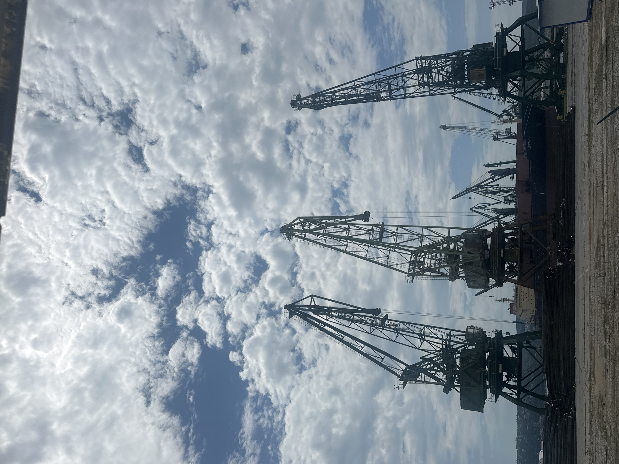 In an industrial port setting under a partly cloudy sky, three massive green metal cranes dominate the foreground. These towering structures are positioned at varying distances, with the leftmost and rightmost cranes being the closest and largest. Their intricate lattice metal frameworks are visible against the sky. Behind them, a large cargo ship, labeled "PUFFIN S," is docked. The ship has a dark hull and a red superstructure with white details. Several smaller cranes and other industrial structures are visible in the mid-ground and background, hinting at a busy port operation. In the immediate foreground, a large pile of dark, cylindrical objects, possibly pipes or steel rods, lies on a concrete surface marked with tire tracks and other industrial debris. The overall scene depicts a functional port environment with heavy machinery and cargo vessels.