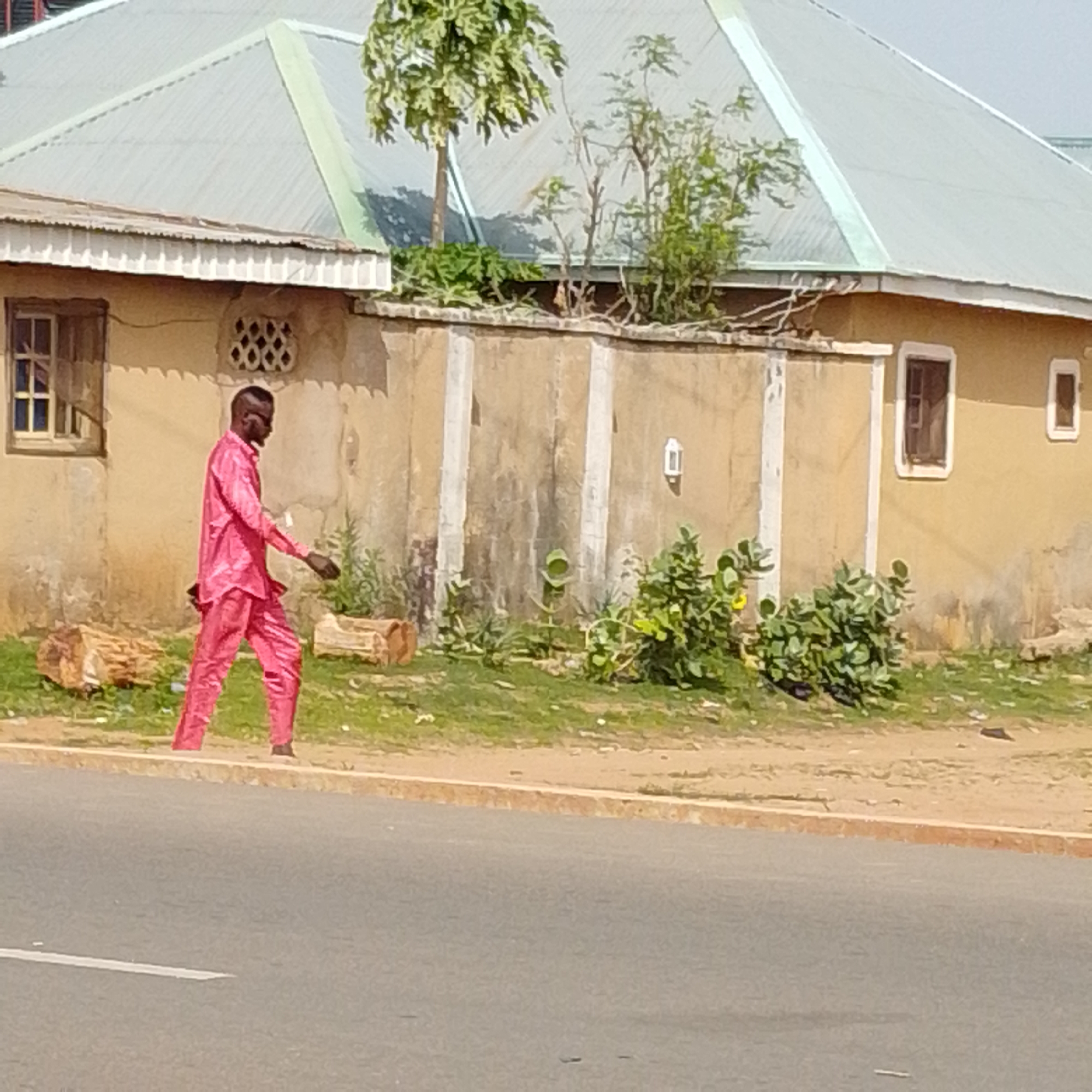 In Gombe, Nigeria, a man wearing a vibrant pink outfit, complete with a long-sleeved shirt and matching trousers, walks along a dirt path. He is positioned to the left of the frame, facing right, with his left leg extended forward. The man's attire contrasts sharply with the muted tones of the environment. Behind him, a weathered, tan-colored building with a corrugated metal roof stands. The building has a few windows visible, one with a grid-like pattern near the top and another with dark panes. The ground in front of the building is covered with patchy green grass, and two large pieces of cut wood lie on the grass near the path. The scene is bordered by a grey asphalt road in the foreground. The overall impression is one of a simple, everyday scene in a Nigerian city.