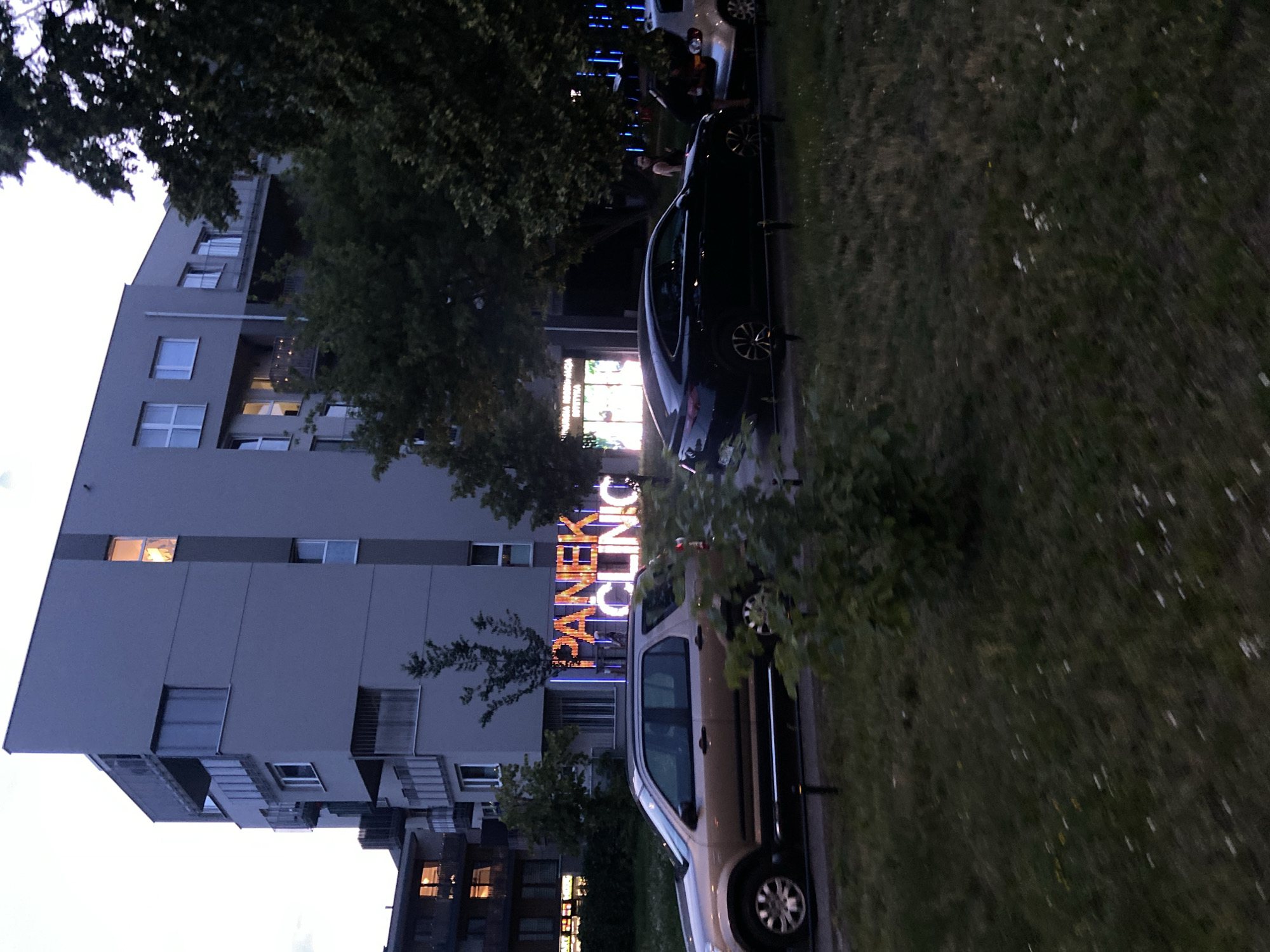 The image depicts a street scene in Warsaw, Poland, featuring a modern apartment building with illuminated windows. In front of the building, a prominent neon sign displays "PANEK CLINIC" in orange and blue lettering. Two cars are parked on the street: a beige SUV on the left and a black sedan on the right. The area is bordered by a grassy lawn with sparse flowers. The time of day appears to be dusk or early evening.
