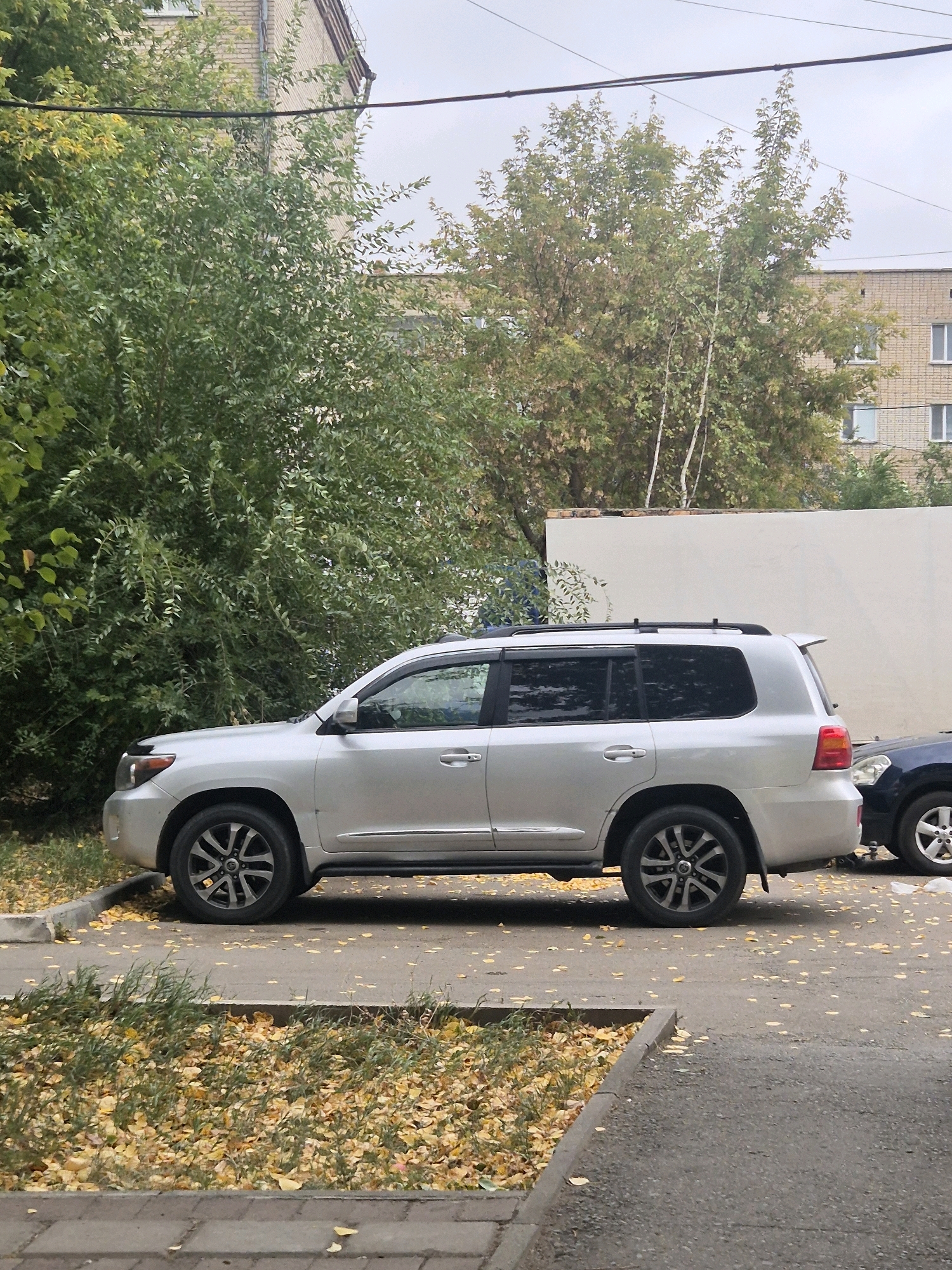 A silver Toyota Land Cruiser Prado is parked on the side of a street in Kokshetau, Kazakhstan, in front of a multi-story brick building. The vehicle is a late-model SUV with tinted windows and a roof rack. It is parked on asphalt, adjacent to a curb and a grassy area covered in fallen yellow leaves, indicating an autumn setting. A dark-colored SUV is partially visible to the right of the Toyota. Overhead, power lines are visible against a cloudy sky. The environment appears to be a residential or urban area. There are no people or animals visible in the image.