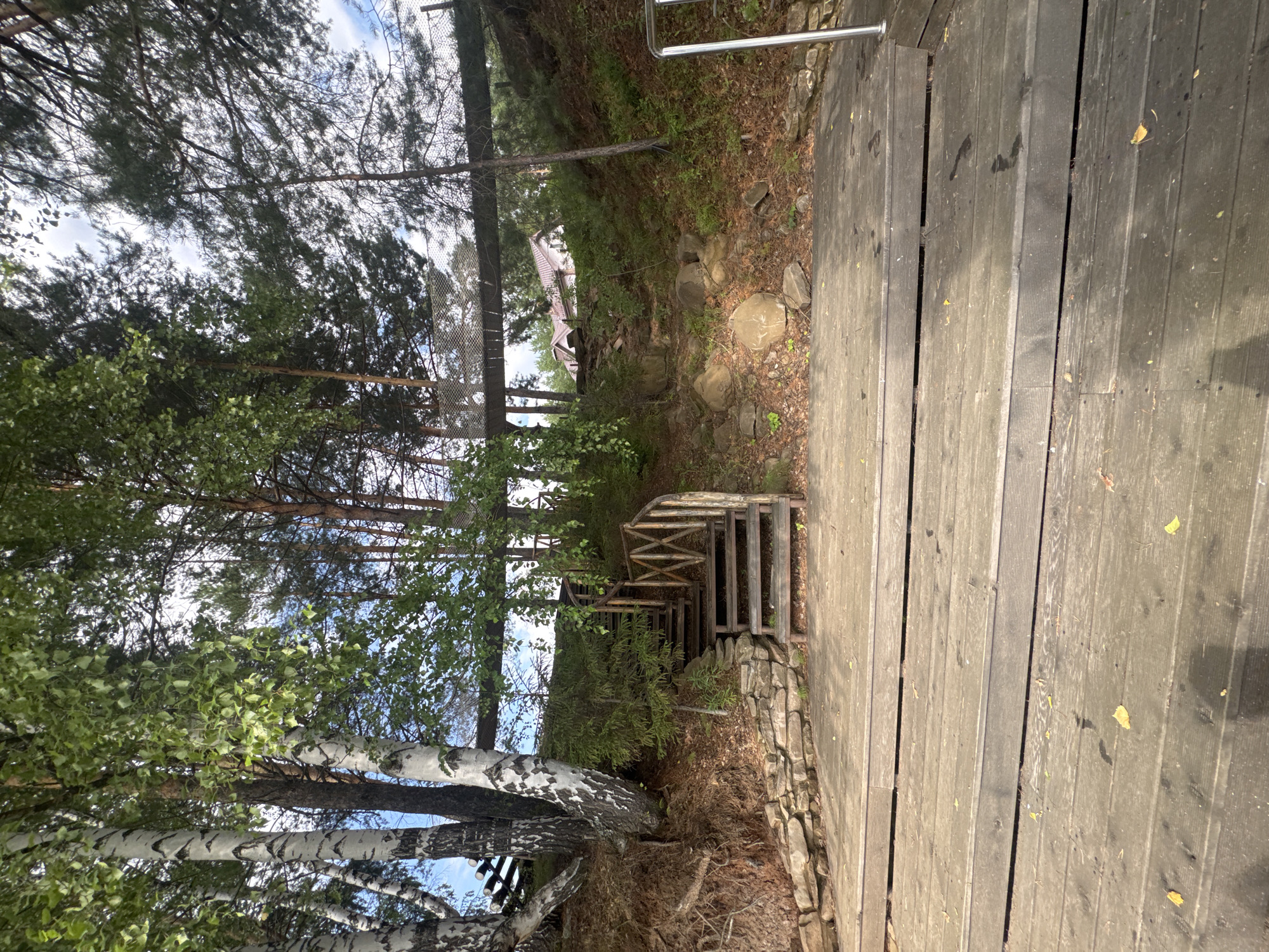 This image depicts an outdoor scene with a wooden walkway and stairs in a wooded area. The walkway, made of weathered grey planks, occupies the right side of the frame and extends upwards. To the left of the walkway, a stone retaining wall is visible. Beyond the wall, a wooden staircase descends into a densely wooded slope. The stairs are rustic and appear to be constructed from rough-hewn wood.
The surrounding environment is characterized by numerous trees, including tall pines and birch trees with their distinctive white bark and black markings. Lush green foliage, likely from deciduous trees and undergrowth, covers the slope. In the background, a building with a reddish-brown roof is partially visible amongst the trees. The sky, glimpsed through the branches, is blue with some white clouds. The lighting suggests it is daytime, possibly late morning or afternoon, with sunlight casting shadows.
The scene appears to be a natural setting, possibly a park, a private property, or a trail, designed to provide access to a lower elevation or a body of water, indicated by the presence of stairs and a walkway. The overall atmosphere is serene and natural, with the weathered wood and overgrown vegetation suggesting a well-established, perhaps somewhat rustic, location. There is no visible text in the image. The location context provided is Pozdyshki, Russia.