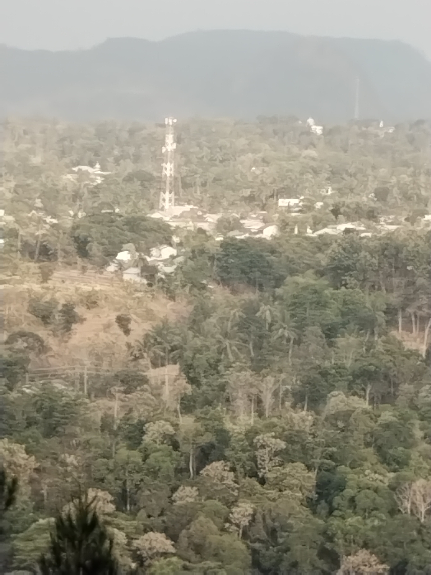 The image depicts an aerial view of a densely vegetated landscape with scattered buildings and a prominent telecommunications tower. The environment appears to be a rural or semi-rural area, possibly on the outskirts of a town. The terrain is characterized by rolling hills covered in a variety of trees and foliage. In the mid-ground, a telecommunications tower with antennas is clearly visible, rising above the tree line. Several buildings, likely houses and other structures, are interspersed within the vegetation, some appearing to be clustered together forming a small settlement. A faint mountain range is visible in the background, shrouded in haze or atmospheric conditions. The overall color palette is dominated by various shades of green and brown, with some lighter tones indicating buildings and the tower. The image quality is somewhat grainy, suggesting it may have been taken with a lower-resolution camera or under challenging lighting conditions. There are no visible people or discernible activities taking place in the scene. The location is identified as Sokatengah, Indonesia.