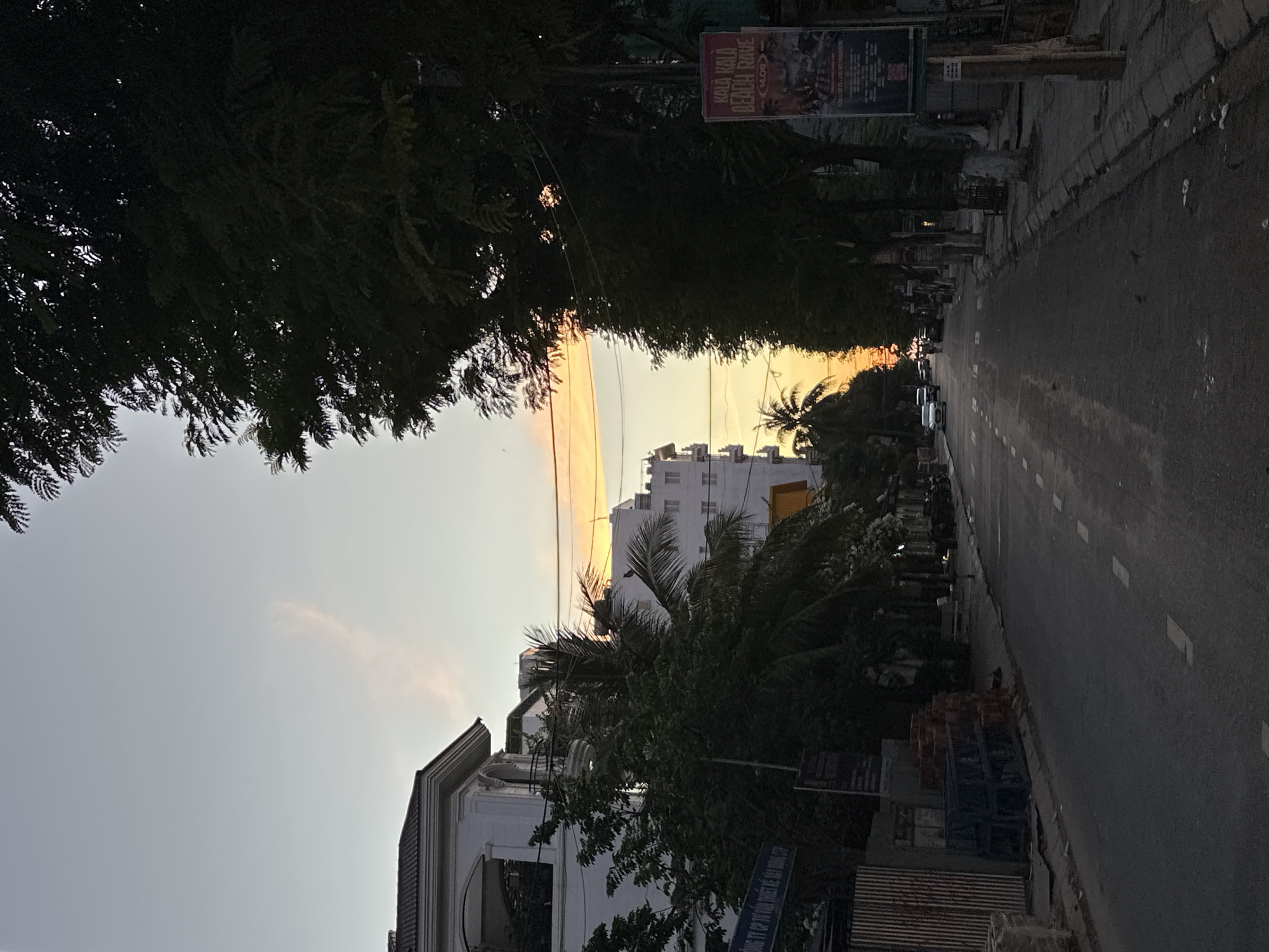 The image captures a street scene at dusk in Da Nang, Vietnam. A paved road with dashed white lines runs down the center of the frame, leading towards a horizon illuminated by an orange and yellow sunset. Tall, dark green trees line the right side of the street, their dense foliage creating deep shadows. On the left, a modern white building with arched windows and a balcony stands next to a palm tree and other greenery. Further down the street, several cars are visible, and a few indistinct figures can be seen walking. A poster is attached to a pole on the right side, featuring text and images. The sky above is a soft gradient of pale blue transitioning to warmer tones near the horizon. Construction materials, including bricks and blue plastic containers, are stacked along the left side of the street. The overall atmosphere is tranquil, indicative of the end of the day in an urban setting.