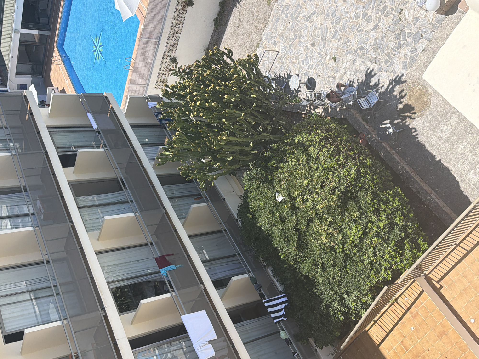 This is a high-angle, wide shot of a resort or hotel complex, oriented with the bottom of the image at the top and the left side of the image on the right. The scene is bathed in bright sunlight, suggesting a warm, clear day, likely midday.
The main subjects are a multi-story building with balconies, a swimming pool, and an outdoor seating area. The building's facade is a light color with dark-framed windows and light-colored balconies. Several balconies have laundry hanging out to dry, including a white sheet, a maroon shirt with a blue towel, and black and white striped fabric.
The swimming pool is a vibrant blue with a white starburst pattern at the bottom. Two ladders are visible, leading into the pool. Adjacent to the pool is a paved area with scattered tables and chairs, and a large, bushy green plant with yellow buds. In the distance, a person is lying on a lounge chair in the shade of a tree, suggesting a relaxed atmosphere.
The ground area is paved with irregular stone tiles, and there is a patch of gravel and a patch of concrete. The overall setting appears to be a vacation destination, possibly in Sant Antoni de Portmany, Spain, given the cues of a resort-like environment.
No visible text is present in the image.