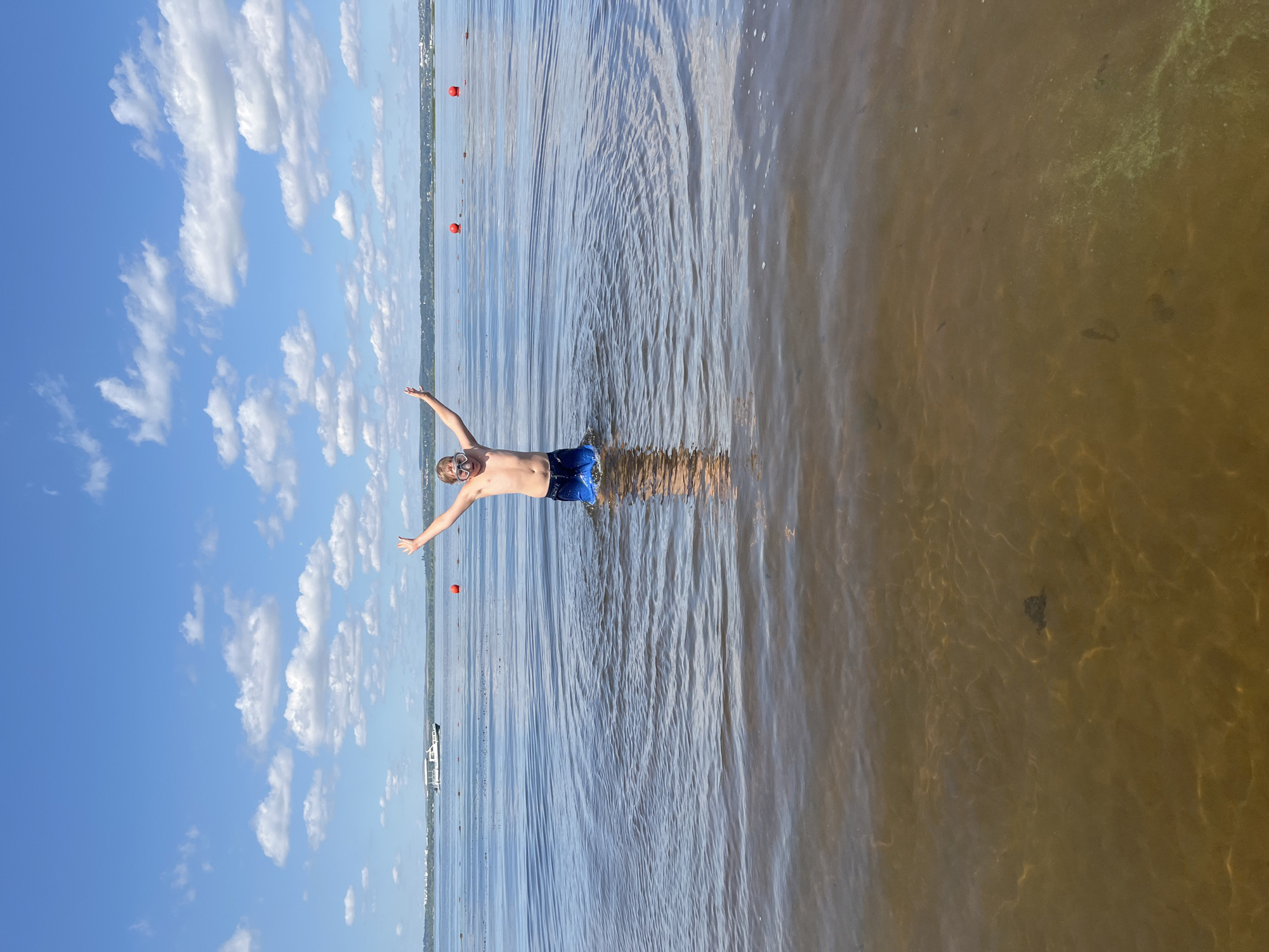 A young boy wearing goggles and blue swim trunks stands in shallow, murky water with his arms outstretched. He is facing away from the camera. The water is clear enough to see the sandy bottom in some areas, while other parts are obscured by algae. The sky above is a vibrant blue with scattered white clouds. In the distance, a white boat is visible on the water, and a line of red buoys stretches across the horizon. The scene appears to be a sunny day at a lake or river, possibly during the summer months. The boy's posture suggests he is either jumping or playing in the water, and his expression is not visible. There is no visible text in the image.