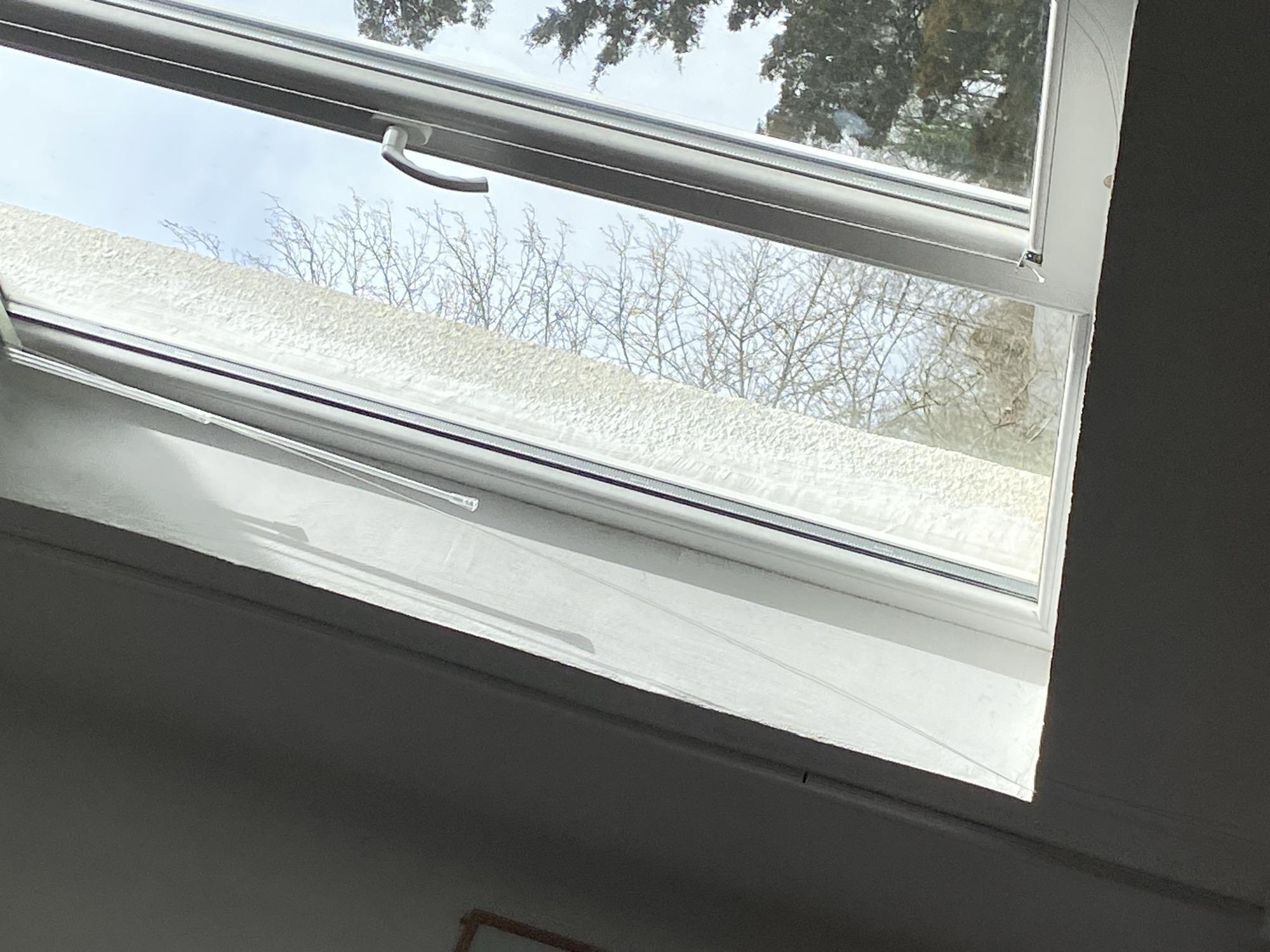 The image shows a view through an open skylight. A layer of snow or frost covers the exterior of the window frame. In the background, trees, some bare and some with evergreen foliage, are visible against a cloudy sky. The skylight frame is white and appears to be installed in a room with grayish walls. The image does not provide information regarding people, actions, or the location in Troyan, Bulgaria.