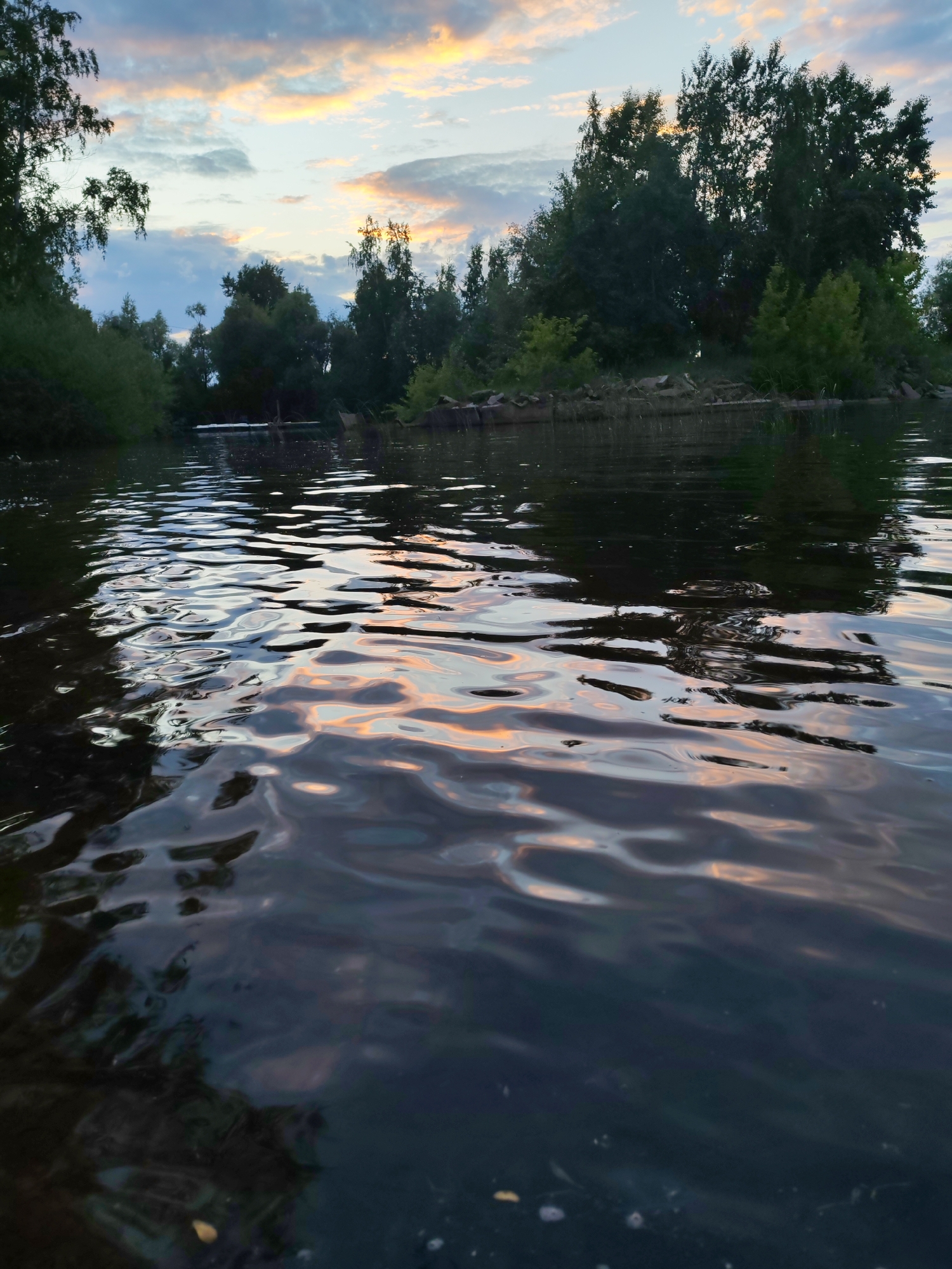 The image depicts a body of water, likely a river or lake, with ripples on its surface reflecting the sky. The sky is partly cloudy with hues of orange and yellow from the sunset. Along the far bank, there is a dense line of trees and vegetation. In the foreground, the water is dark and appears to be calm, with small bubbles and debris visible near the bottom of the frame.
Based on contextual information, the location is identified as Chaikovsky, Russia. This specific scene is captured near the Kama River, a significant waterway flowing through the city. No individuals are present in the image, and no explicit actions are being performed by any subjects. The environment is natural, characterized by water and abundant greenery. The overall impression is that of a serene evening scene by a river.