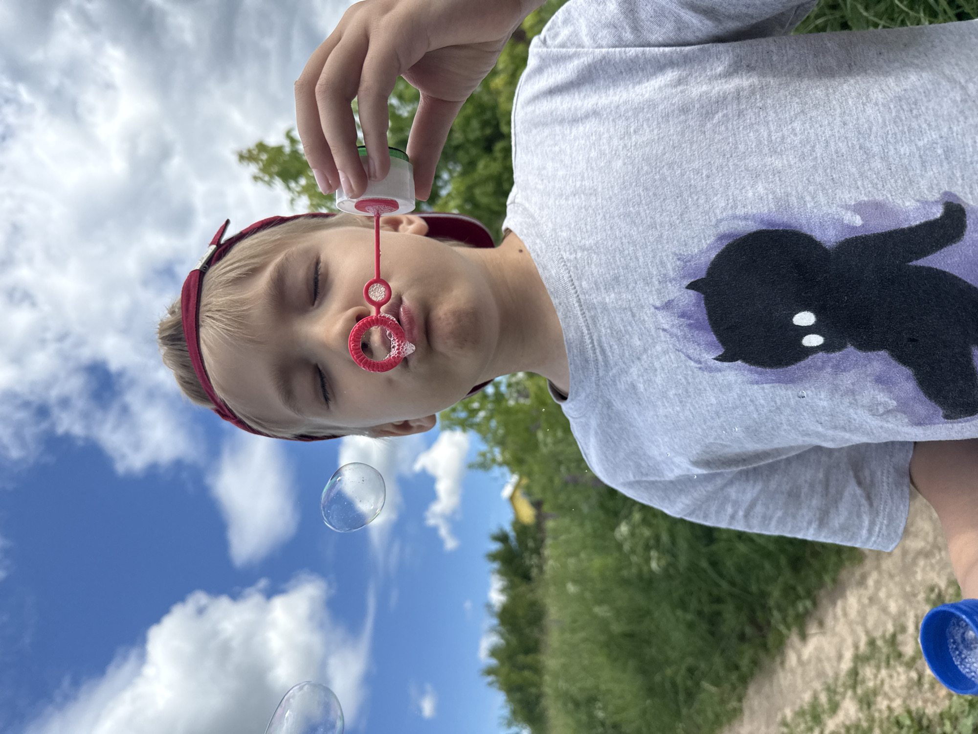 This media file captures a close-up, angled shot of a young person blowing bubbles on a bright, cloudy day. The subject, with their eyes closed and a serene expression, is blowing bubbles from a red bubble wand. They are wearing a light gray t-shirt with a black silhouette design of a cartoon-like figure on the right side of the chest, outlined in purple. A red headband is visible on their head.
The scene is outdoors, with a clear blue sky dotted with fluffy white clouds occupying the upper left portion of the frame. The background shows a lush green field and trees, suggesting a natural, outdoor setting. The lower right of the image shows a dirt path and more greenery. A blue cap, likely from a bubble solution bottle, is visible in the bottom right corner.
The activity of blowing bubbles creates a sense of playfulness and childhood joy. The bright daylight and cloudy sky suggest it is daytime, likely late morning or afternoon. The presence of a yellow building or structure can be faintly seen in the distance among the trees, offering a subtle hint of human habitation in the otherwise natural landscape. No visible text is present in the image. The overall mood is lighthearted and peaceful.