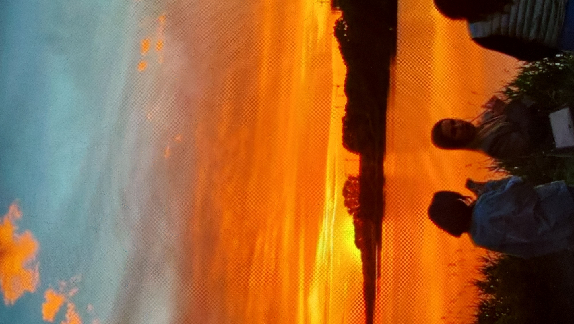 A vertical, low-angle, wide shot captures a vibrant sunset over a body of water. The sky is a gradient of deep orange at the horizon, transitioning to lighter oranges and then to a muted blue at the top. Scattered clouds tinged with orange are visible in the sky. A silhouetted tree line with some structures resembling utility poles forms a dark band across the middle ground, separating the sky from the water. The water reflects the fiery hues of the sunset, creating an orange and yellow expanse. In the foreground, three individuals are standing near the water's edge. On the left, a person with dark hair is seen from the back, wearing a light blue jacket and holding a mobile phone. To the right of this person, another individual with dark hair is facing forward, wearing a dark jacket and holding a straw. On the far right, a third person is partially visible, wearing a light-colored vest. They are standing amongst tall, dark reeds. The overall scene is one of natural beauty and quiet observation of the sunset.