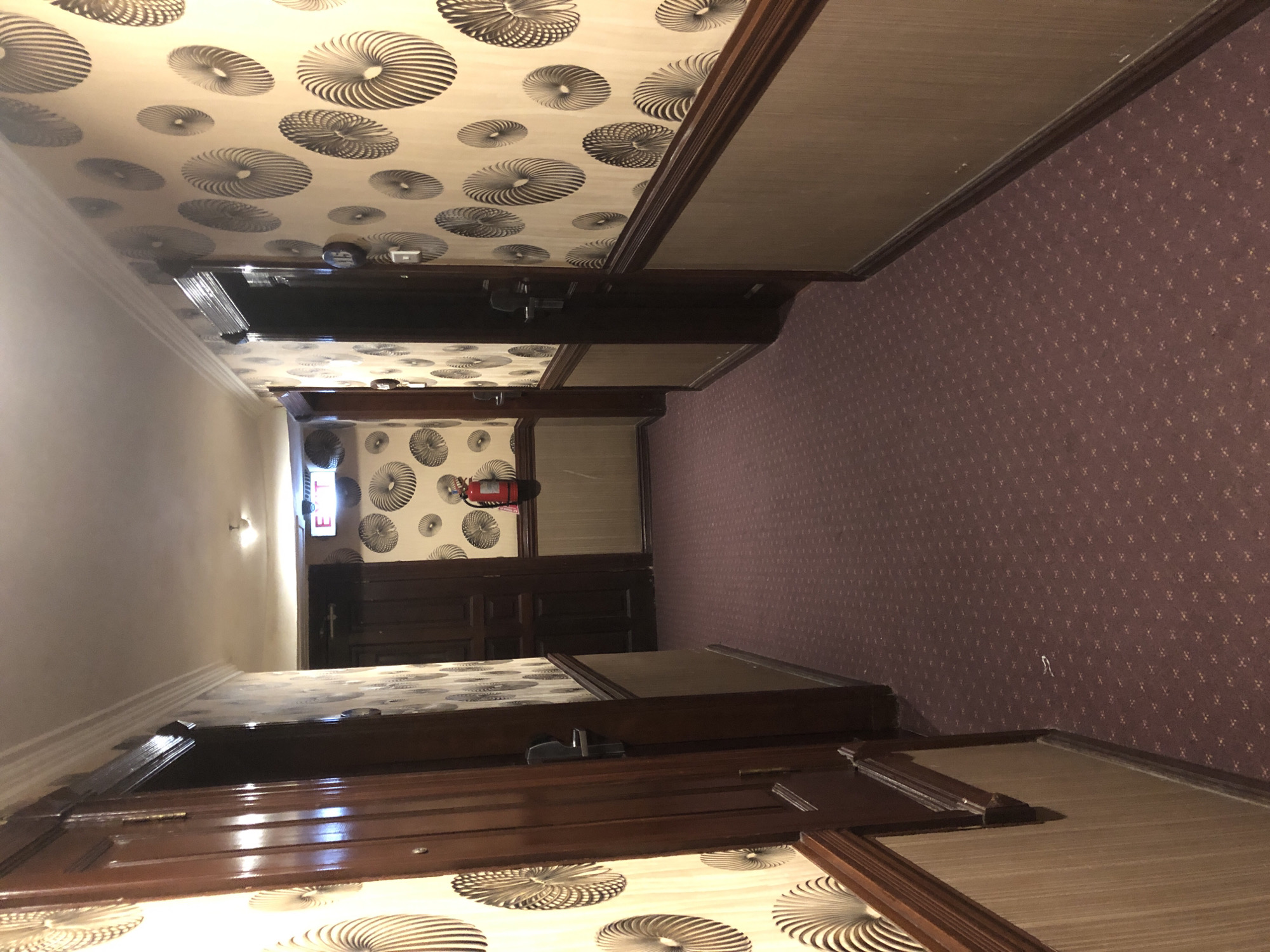 The image depicts an interior hallway in City of Medan, Indonesia. The walls of the hallway are adorned with patterned wallpaper. A fire extinguisher is visible on one wall. The floor is covered in patterned carpeting. There is a door visible down the hallway. The ceilings are decorated with a similar patterned wallpaper to the walls. The overall impression is of a relatively narrow, enclosed space, possibly within a hotel or apartment building.