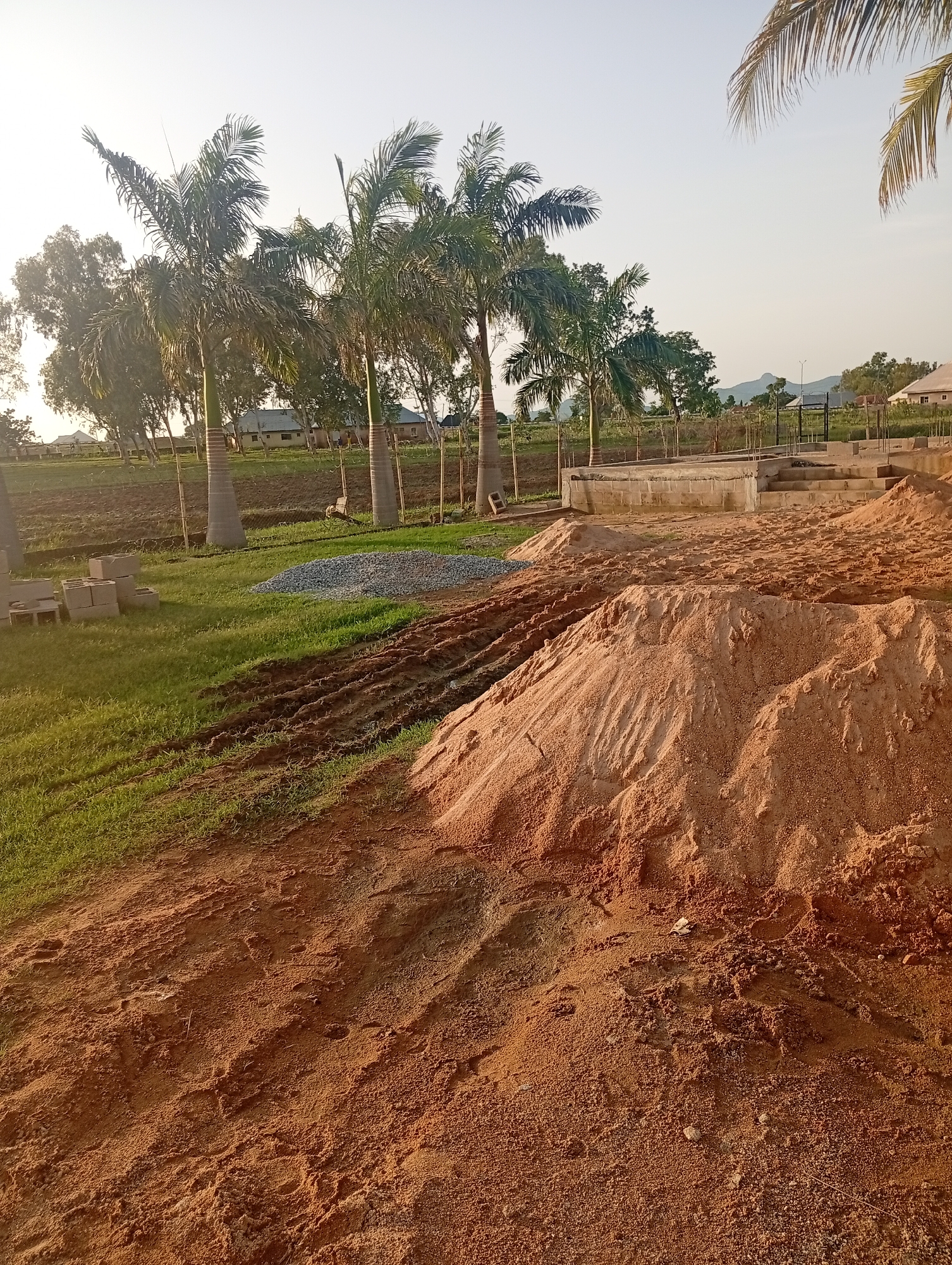 This media file depicts an outdoor construction scene in Jalingo, Nigeria. The primary subjects are large piles of reddish-brown sand, a foundation of concrete structures, stacks of grey concrete blocks, and a pile of small grey stones. These elements suggest construction or renovation work is in progress.
Several tall palm trees and other leafy trees are visible in the background, casting shadows and adding a tropical feel to the setting. In the distance, a few buildings with tiled roofs and a gently sloping hill with vegetation can be seen. The sky is clear and pale, indicating it is likely early morning or late afternoon, given the warm, soft lighting. The sun's rays create a golden hue on the sand and the surrounding grass.
The ground is a mix of short green grass, exposed red earth with tire tracks, and the aforementioned piles of construction materials. The overall scene conveys a sense of ongoing work in a developing area, with a natural landscape integrated into the construction site. There are no people visible in the image, nor is there any discernible text. The weather appears calm and dry, typical of a sunny day.