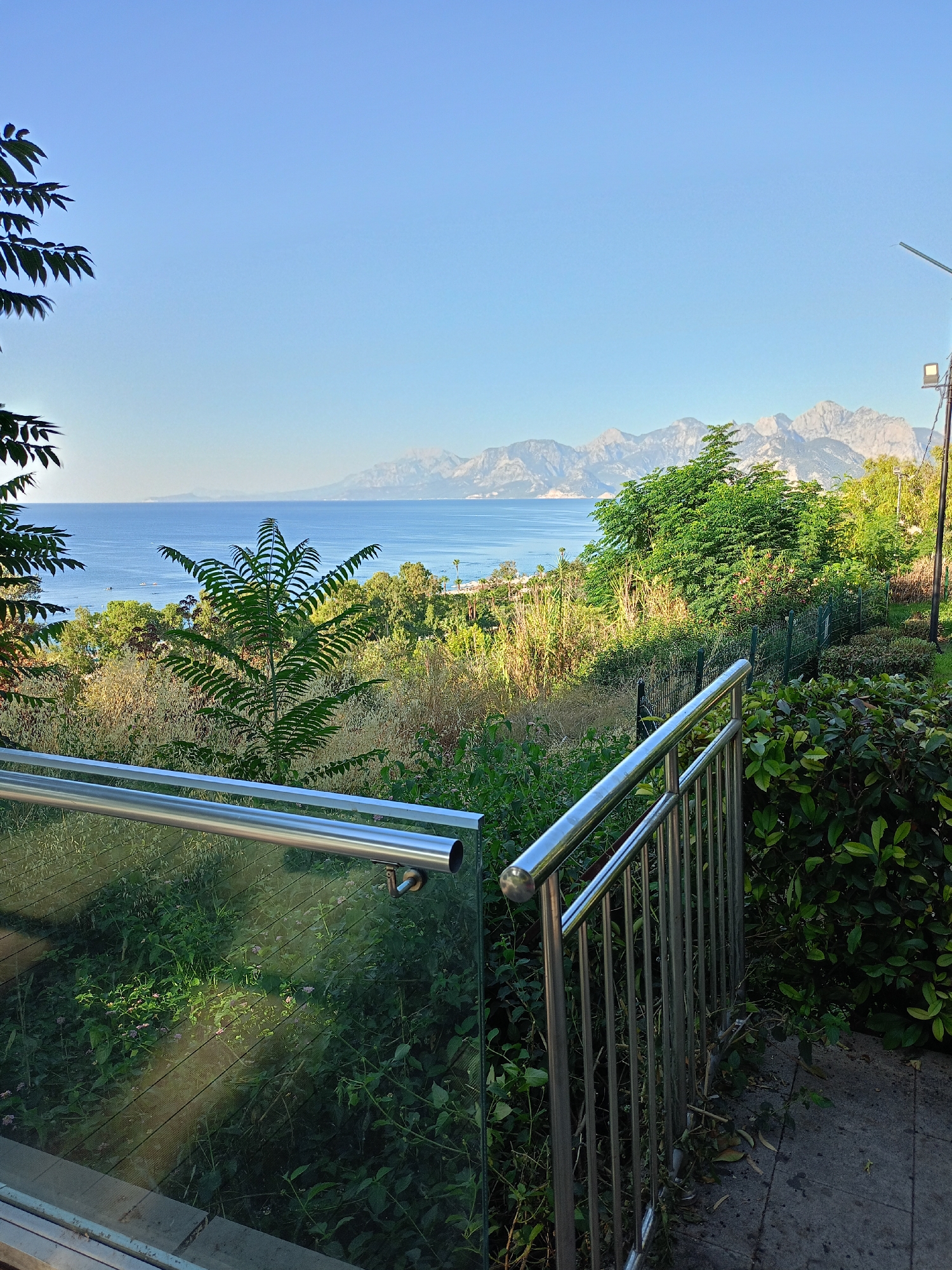 The image depicts a scenic view of the Mediterranean Sea and the Taurus Mountains, likely taken from a residential or hotel area in Antalya, Turkey. In the foreground, a modern glass and metal railing overlooks a lush, green hillside. The railing is made of polished stainless steel, with a clear glass panel running along its length. Beyond the railing, the hillside is covered with a variety of vegetation, including trees, bushes, and tall grasses. A few small, pink flowers are visible amongst the greenery.
The middle ground features a dense expanse of trees and foliage, with a single, spiky-leaved green plant standing out in the center. The sea stretches across the horizon, appearing calm and blue, with a few boats visible in the distance. Along the coastline, there are hints of buildings and palm trees, suggesting a developed area.
In the background, the majestic Taurus Mountains rise prominently, their rugged peaks bathed in the warm light of what appears to be late afternoon or early morning. The sky above is a clear, vibrant blue. A single street lamp and a light fixture on a pole are visible on the right side of the image, indicating the presence of infrastructure. The overall impression is one of natural beauty combined with modern amenities, characteristic of coastal resorts in Antalya.