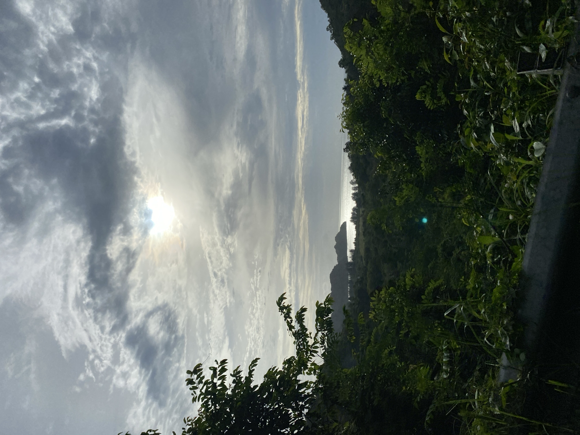 The image shows a coastal scene in Paroy, Indonesia. The sky is filled with clouds, obscuring the sun. Below the sky is the ocean and a distant land mass. Vegetation, primarily green trees and shrubs, occupies the right side and the lower part of the frame, bordering what appears to be a road or ledge. The picture appears to be taken from a high place.