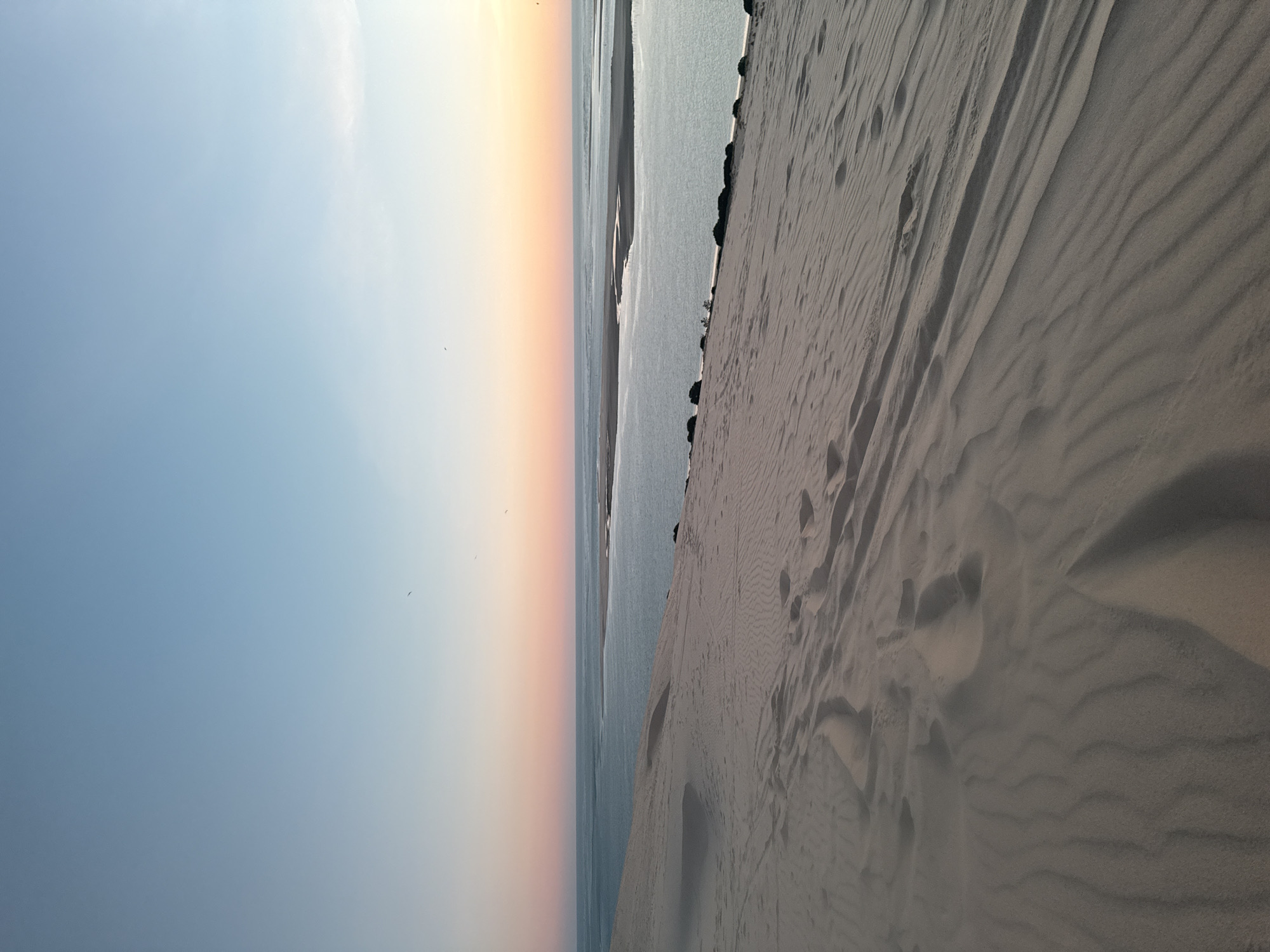 The image shows a vast sand dune in the city of La Teste-de-Buch, France, overlooking a body of water. The dune is covered in fine sand with visible footprints, indicating recent human activity. The texture of the sand shows ripples and undulations, shaped by wind. Beyond the dune, a calm body of water, likely the Arcachon Bay, stretches towards the horizon. The sky exhibits a gradient of colors, transitioning from a pale blue at the top to soft hues of pink and orange near the horizon, suggesting a sunset or sunrise. A few birds are visible as small dark specks in the sky. The environment is natural and serene, characterized by the interplay of sand, water, and sky.