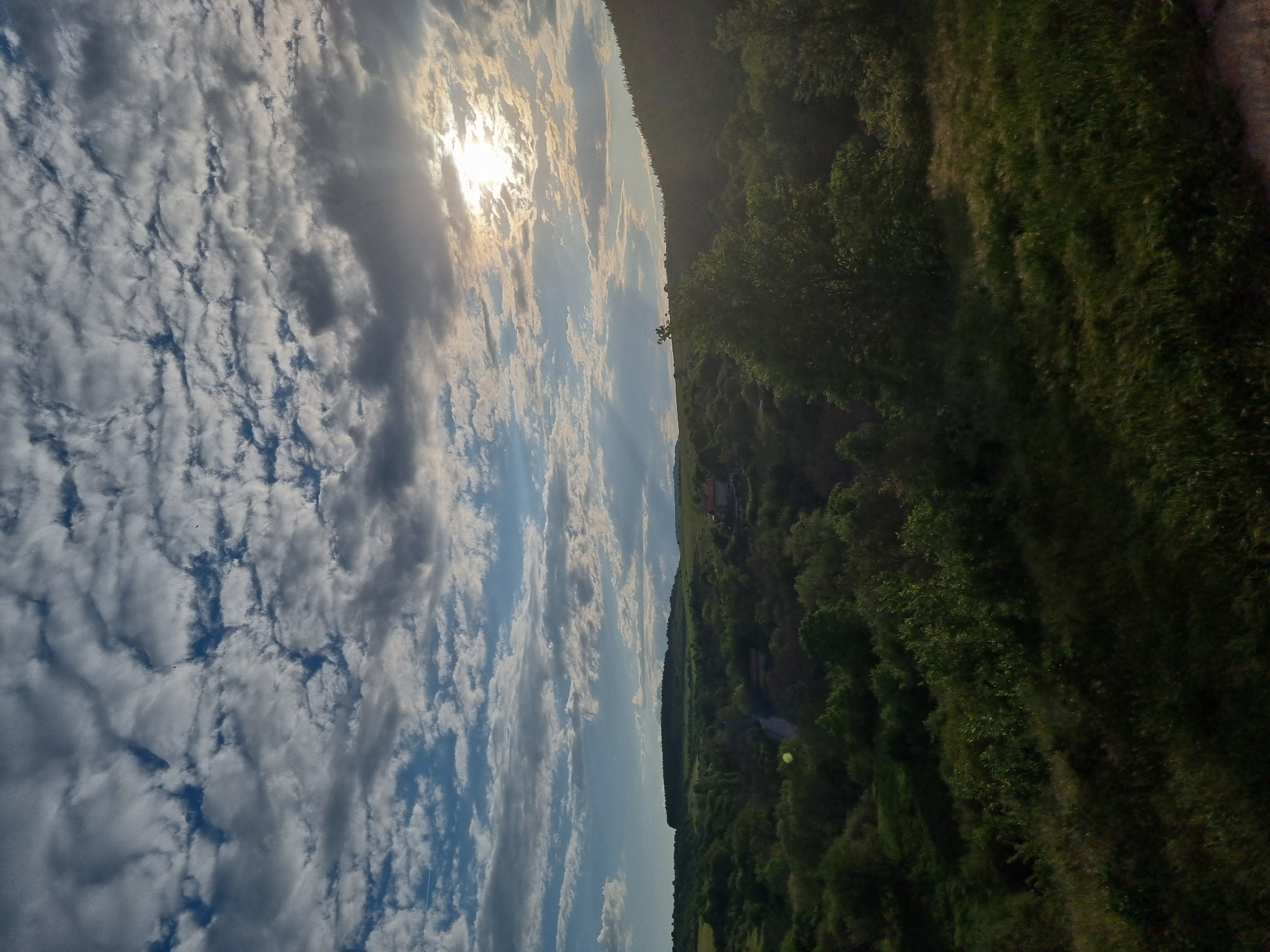 The image shows a landscape in Gurgulyat, Bulgaria. The sky is filled with white and gray clouds, with the sun shining through them. On the right side of the image, there is a dense green forest. A road or path is visible on the far right, bordering the forest. A small structure, potentially a building, can be seen in the distance. The angle of the shot suggests it was taken from a high vantage point, possibly from a drone or elevated position.