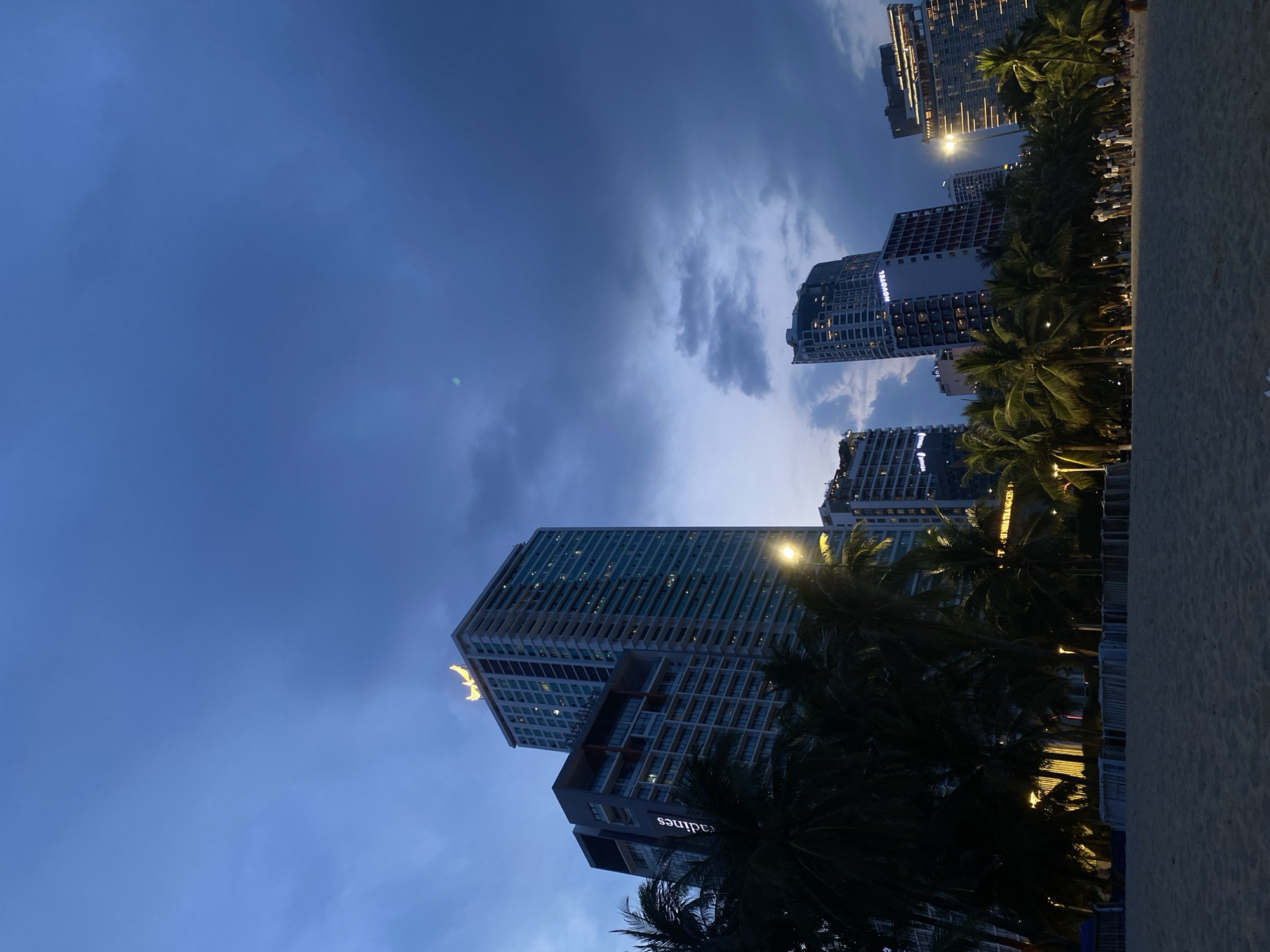 The image depicts a twilight scene on a beach in Nha Trang Ward, Vietnam. Tall modern buildings with illuminated windows rise behind a line of palm trees. The sky is a deep blue, transitioning to lighter hues towards the horizon, with some scattered clouds. The sand of the beach is visible in the foreground.
Several tall buildings are the dominant man-made structures. One building in the center is particularly prominent, featuring a grid of windows. Above this, a lighter structure with a gold-colored emblem is visible. Another building to the left shows the name "NOVOTEL" in illuminated letters, indicating a hotel. Further down, another building displays the text "Radness" in illuminated lettering. Lights from the buildings and street lamps cast a warm glow through the palm trees.
The presence of palm trees and the modern high-rise architecture are strong indicators of a coastal resort city like Nha Trang. The time of day appears to be dusk or early evening, as indicated by the dimming sky and the illumination of building lights. The overall mood is serene and tranquil, with the urban development blending into the natural beach setting. There are no explicit activities or people clearly visible, suggesting a quiet moment or a view captured from a distance.