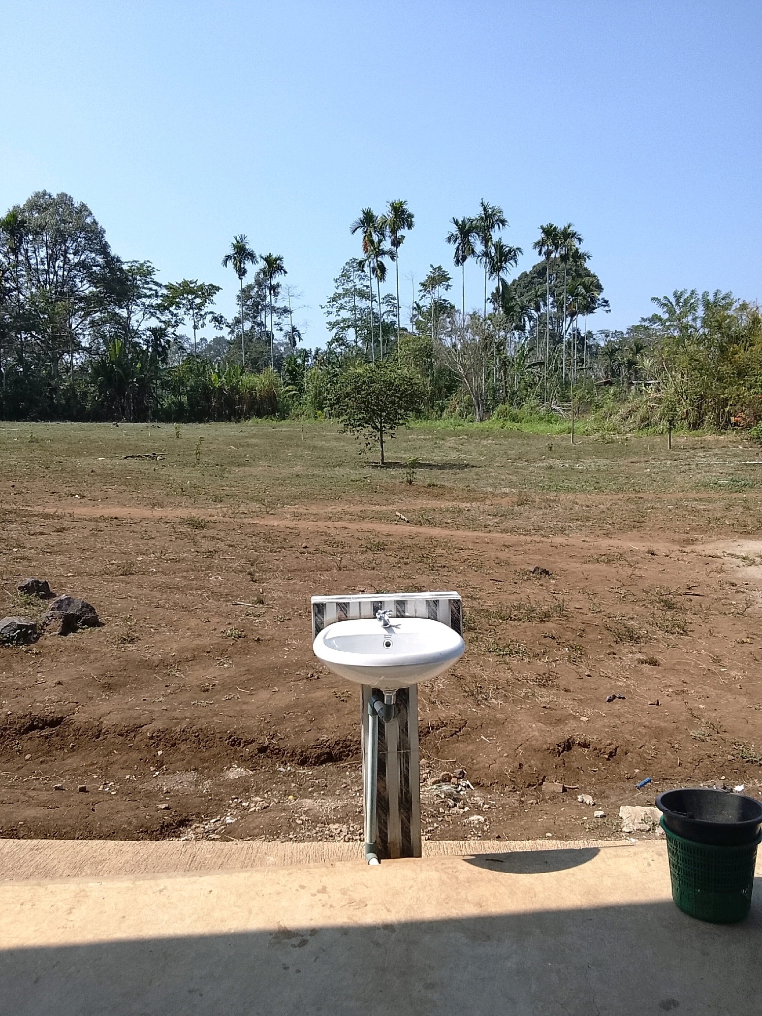 This image depicts an outdoor scene under a clear blue sky. In the foreground, a white ceramic sink with a silver faucet is mounted on a stand with a striped pattern. To the right of the sink, a green plastic basket is stacked on top of a black plastic bin. The ground is a mix of dry brown earth and sparse, dry grass. In the midground, a small, sparsely leafed tree stands in a patch of green grass. The background is dominated by a dense line of various trees, including tall palm-like trees and other tropical foliage. The overall environment suggests a rural or semi-rural setting, possibly a garden, park, or open space. The location is identified as Jepara, Indonesia, a regency in Central Java known for its coastal areas and artisan communities, particularly in furniture making.