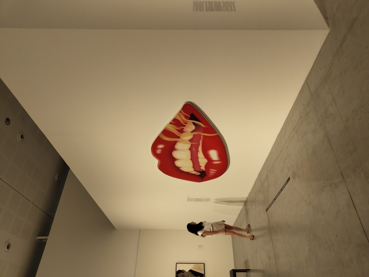 In the Tel Aviv Museum of Art, a large, vibrant artwork of red lips with yellow accents is displayed prominently on a white wall. The artwork is a focal point in a spacious, modern exhibition hall with a polished concrete floor. To the left of the artwork, a woman stands, looking at another framed artwork on the adjacent wall. The woman is wearing a white top and shorts, with sandals. The museum's architecture features high ceilings and track lighting. The overall scene captures a moment of cultural engagement within a minimalist, art-focused environment.