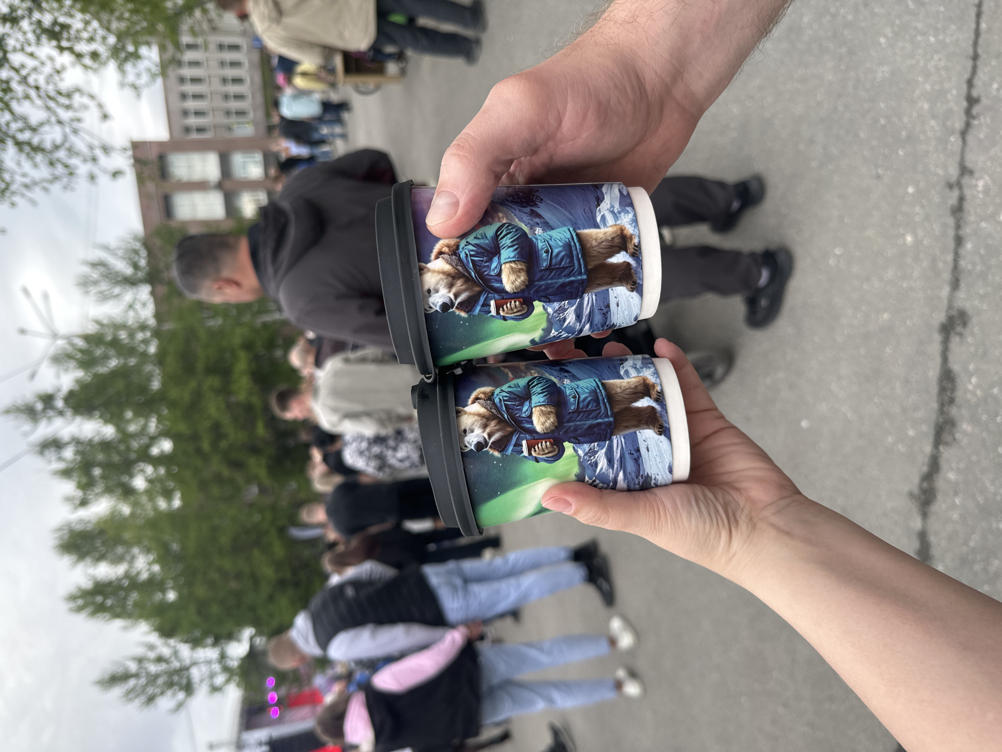 Two paper coffee cups are held up by two different people in a crowded outdoor setting. The cups feature a picture of a brown bear wearing a blue parka and holding a red book or object, against a background of snow-capped mountains and the Aurora Borealis. The person holding the top cup appears to have a darker skin tone than the person holding the bottom cup. The background shows a cityscape with a brick building, trees, and multiple people milling around. Based on the information in the image title, this event is taking place in the city of Apatity, Russia. The presence of many people suggests a public event or gathering.