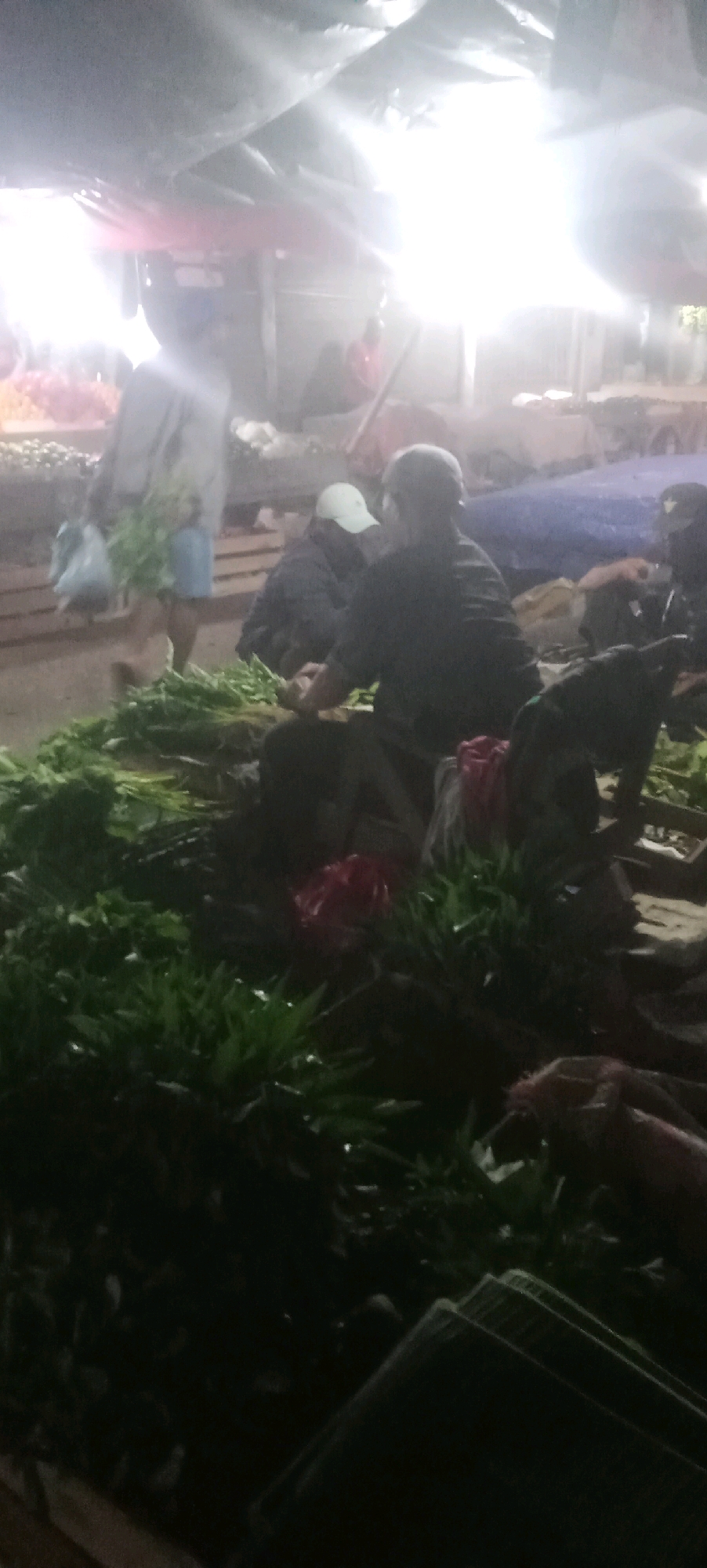 The image depicts a nighttime scene at a bustling marketplace, likely located in the city of Karawang, Indonesia, characterized by a strong overhead light source casting bright illumination and shadows. In the foreground, piles of leafy green vegetables, possibly herbs or produce, are arranged for sale. A man wearing a dark shirt and a cap is seated, appearing to be engaged with the produce. To his left, another individual in a light-colored cap is visible. In the background, other people are present, some obscured by the bright light and low resolution. The environment suggests a typical outdoor market setting with a makeshift roof structure.