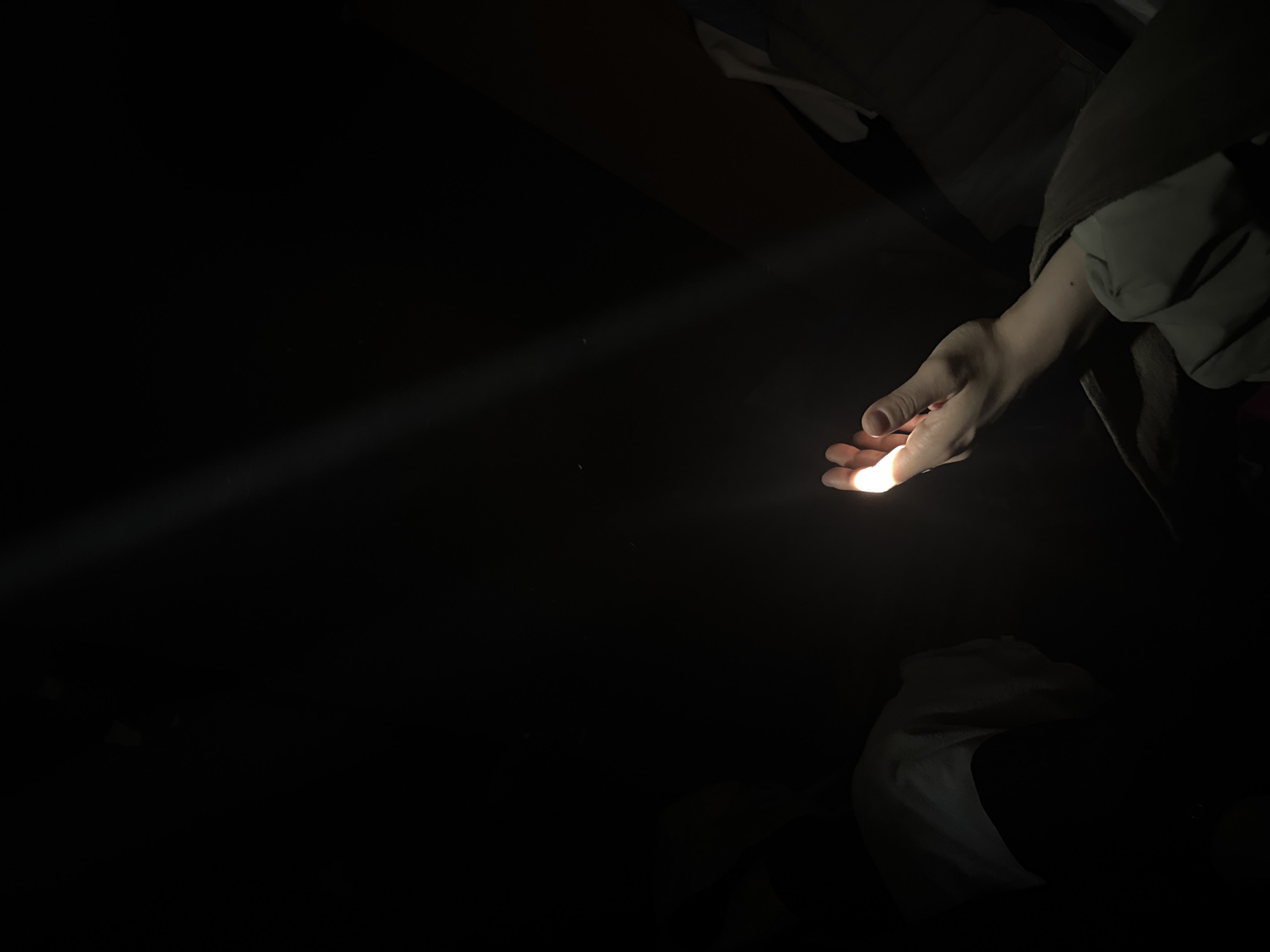 The image portrays a striking contrast between light and deep shadow, centered around a human hand. The scene is predominantly dark, with a powerful, narrow beam of light diagonally cutting through the upper left quadrant of the frame. This ray culminates brightly in the open palm of a hand, positioned towards the right side of the image. The hand and forearm, extending from the upper right, are clearly illuminated by the light, highlighting their form against the dark background.
Subtle details of what appears to be clothing, possibly a sleeve or part of a jacket, are dimly visible around the arm and in the top and bottom right corners, suggesting a person is present, though their face or full body is obscured by darkness. The overall setting implies a very low-light environment, possibly indoors or in a heavily shaded area, which allows the light beam to appear so distinct. The activity depicted is a hand seemingly 'catching' or interacting with this singular beam of light. The mood is contemplative and focused, drawing attention to the interplay of light and shadow. There is no visible text. The image was captured in Moscow, Russia.