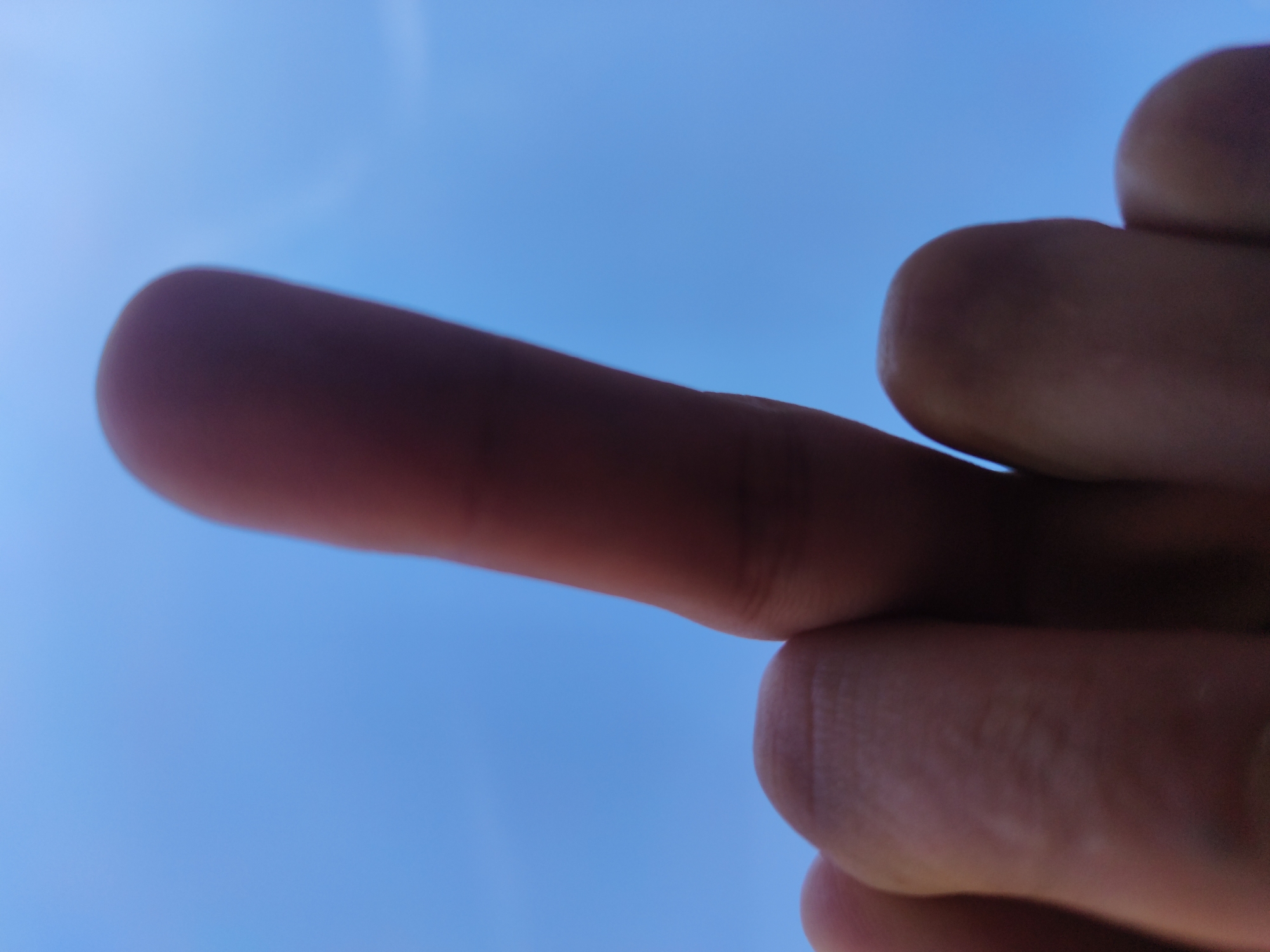 A close-up, low-angle shot shows a hand against a clear blue sky. The middle finger is extended, while the other fingers are partially visible, bent downward. The hand is Caucasian and the sky is clear and cloudless. The image does not provide any location information.