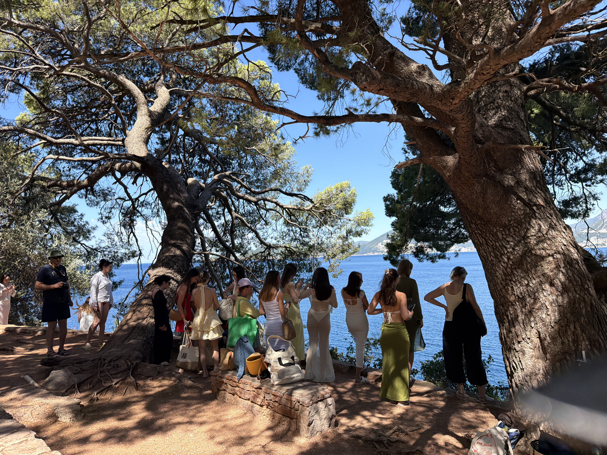 A group of approximately ten individuals are gathered on a dirt path beneath the branches of large pine trees, overlooking the sea near Sveti Stefan, Montenegro. The individuals are predominantly women, dressed in light, summery clothing, including dresses, skirts, and swimwear. Some are holding bags or personal items. The environment consists of dry, reddish-brown soil, exposed tree roots, and rocky outcrops. The background features a vibrant blue sea, with a distant coastline and mountains visible. The sky is clear and bright blue. The scene appears to be a casual gathering, possibly a break during a walk or a planned meetup, with the natural beauty of the coastal landscape as the backdrop.