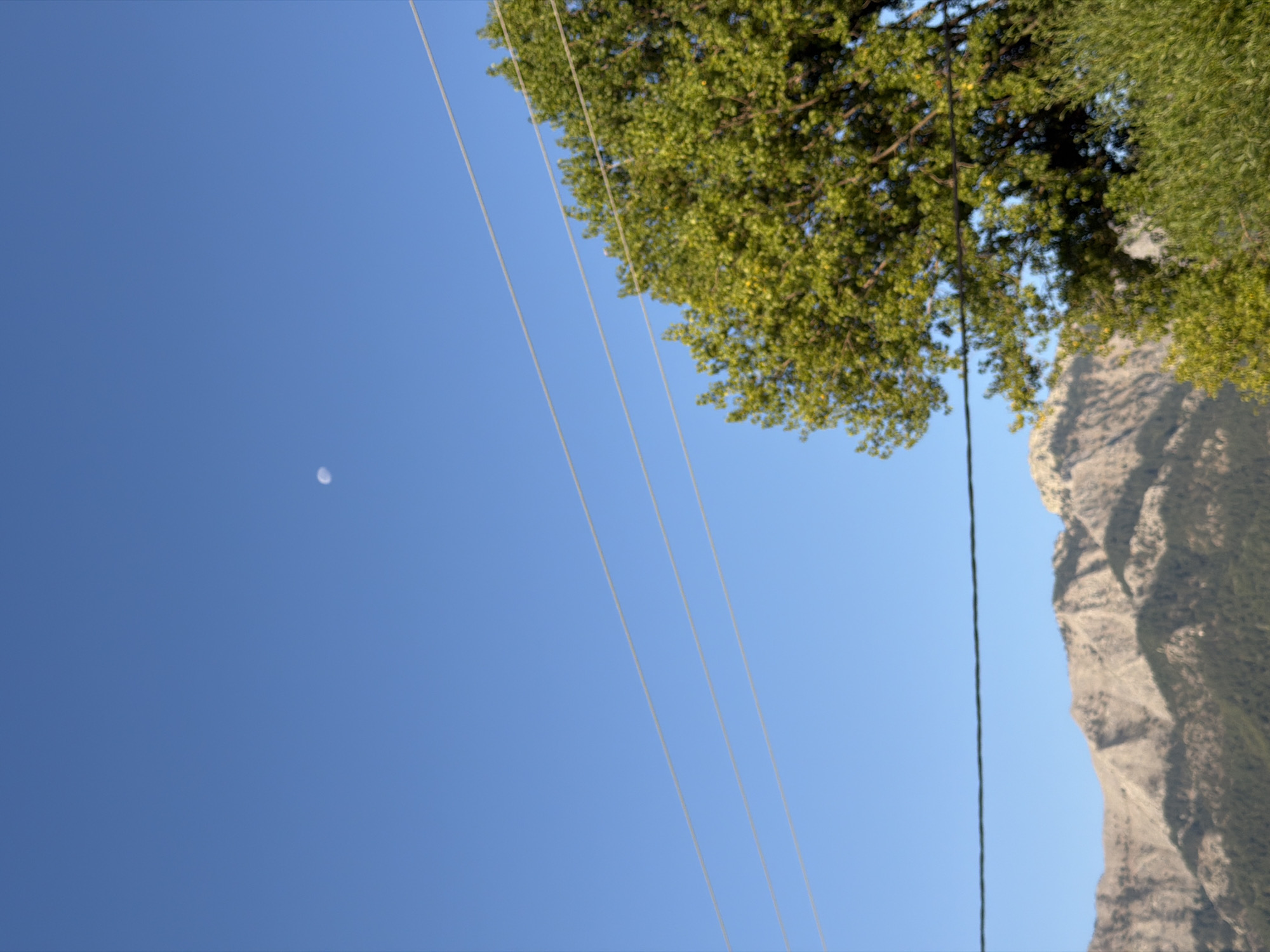 The image displays a clear, bright blue sky with a small, pale crescent moon visible in the upper left quadrant. Three parallel power lines stretch horizontally across the sky, the topmost one slightly above the center, and the other two below it. In the lower right, a large, leafy green tree dominates the foreground, its branches extending upwards and to the left. Behind the tree, a section of rugged, grey mountains is visible, with dark green pine trees carpeting their lower slopes. The scene is bright and appears to be captured outdoors, likely during the daytime given the bright sky and the visibility of the moon. The location is specified as Golden Beach, Greece.