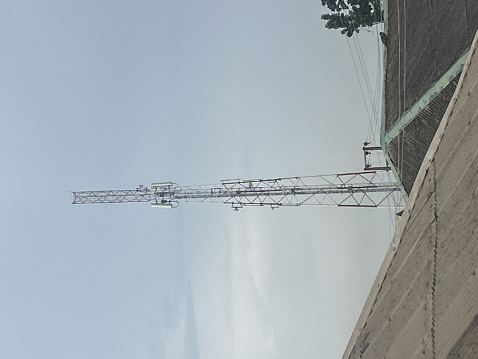 The image shows a cell tower extending horizontally across a light gray sky. It is attached to a tall, gray, concrete structure. Green netting is visible above the structure, along with tree branches in the upper right corner.