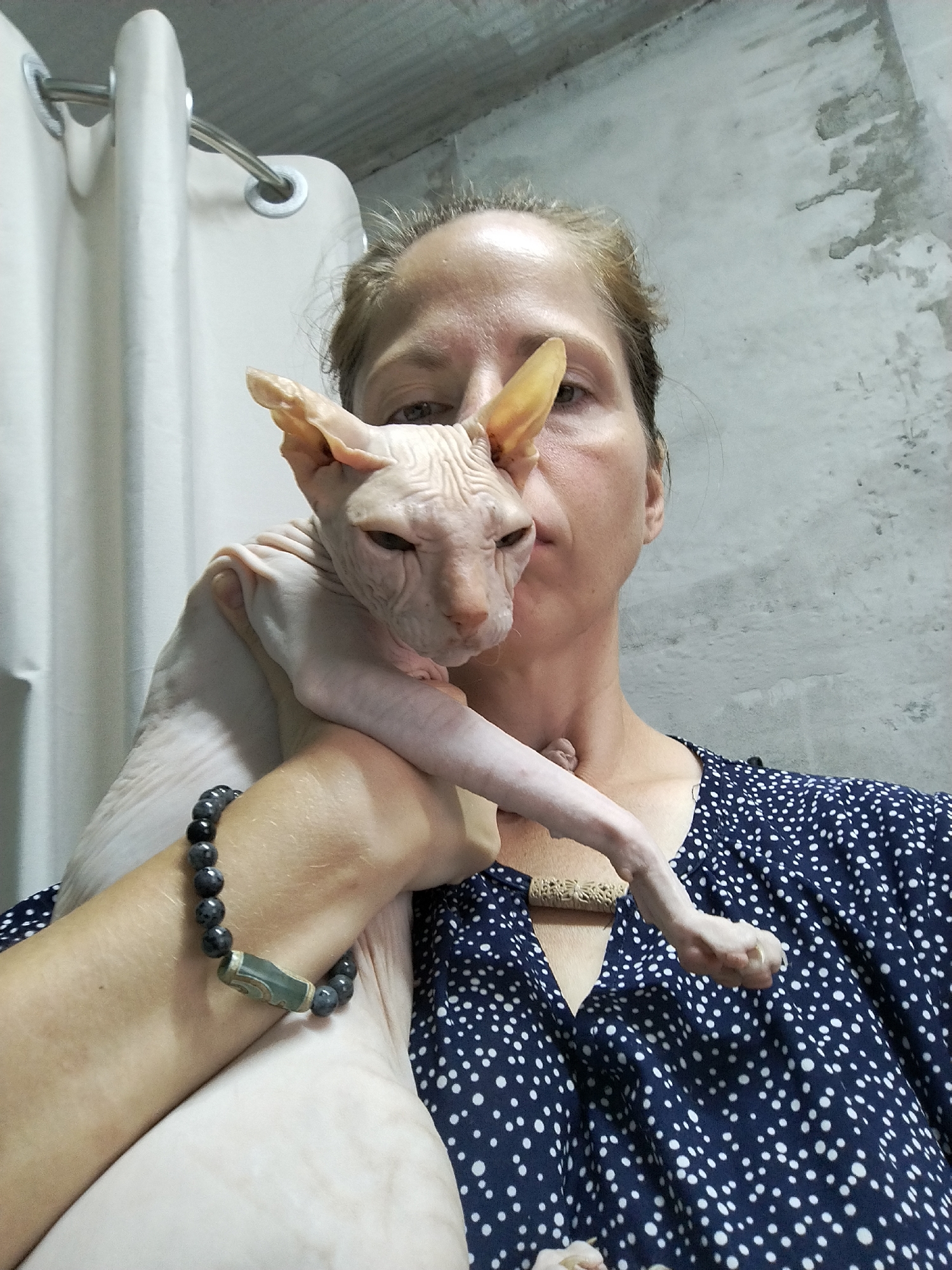 A woman with blonde hair pulled back is holding a Sphynx cat in front of her face. The cat's skin is wrinkled and pinkish-beige. The woman is wearing a dark blue dress with white polka dots. She has a beaded bracelet on her left wrist, featuring dark gray beads and a central cylindrical bead with green and brown markings. The background appears to be an indoor setting with a textured gray wall and a light-colored curtain with metal grommets. The lighting is somewhat dim. The image was captured at an upward angle. There is no discernible information about the location within the city of Zavodoukovsk, Russia.