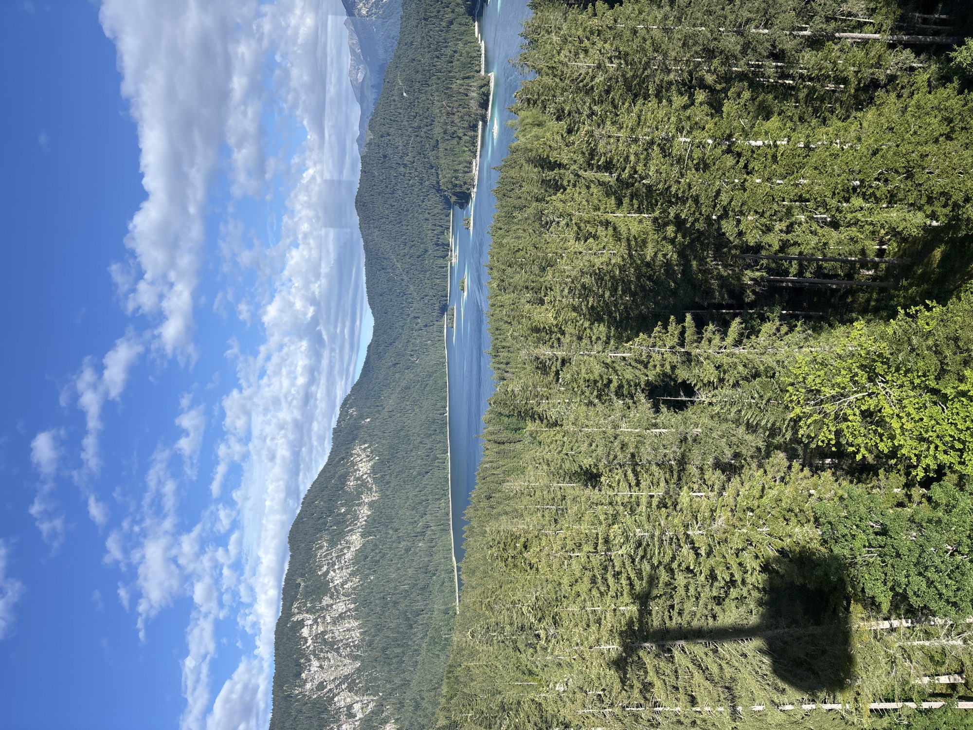 An aerial view captures a breathtaking natural landscape. In the foreground, a dense forest of tall, green pine trees stretches across the frame, their shadows cast on the terrain below. A prominent, dark shadow of a gondola is visible on the left side of the image, indicating that the photograph was taken from a cable car.
Beyond the forest, a serene, blue lake lies nestled amongst rolling hills covered in the same lush pine trees. The water is calm, with a few small, tree-covered islands dotting its surface. In the distance, majestic mountains rise, their rugged slopes partially covered in trees and their peaks catching the sunlight. The sky above is a vibrant blue, adorned with scattered white clouds, suggesting a clear and pleasant day.
This scene is characteristic of the Eibsee lake in Grainau, Germany, a popular tourist destination known for its stunning alpine scenery and recreational activities.