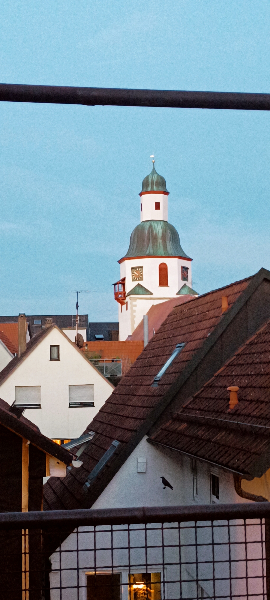 The image shows a view of the St. Bartholomew's Church tower in Winnenden, Germany, from a slightly elevated perspective, looking over a collection of red-tiled rooftops. The sky is a pale blue, suggesting it might be early morning or late afternoon. The church tower is white with a green, onion-shaped dome, topped with a small golden spire. It features a clock face and red-accented windows and doorways. In the foreground, several houses with red tiled roofs are visible, some with skylights. A dark metal fence runs across the bottom of the image, with a silhouette of a bird perched on the side of one of the houses. The overall scene depicts a quiet urban or town environment in Winnenden.