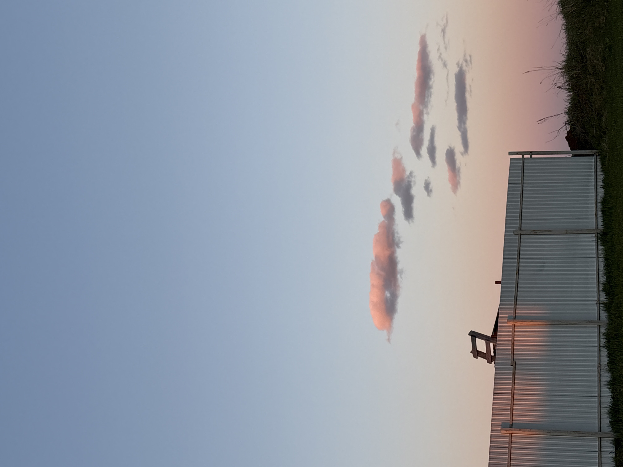 The image captures a scene in Кырныш, Russia, featuring a clear sky transitioning from light blue to a gradient of pink and orange near the horizon. Several elongated, segmented clouds are present in the sky, exhibiting a mix of gray and pink hues, likely reflecting the sunset. To the right of the frame, there's a corrugated metal structure, possibly a shed or building, with a wooden ladder leaning against it. The edge of a grassy area is visible adjacent to the structure. The lighting suggests either sunrise or sunset, casting soft shadows and illuminating the metal structure.