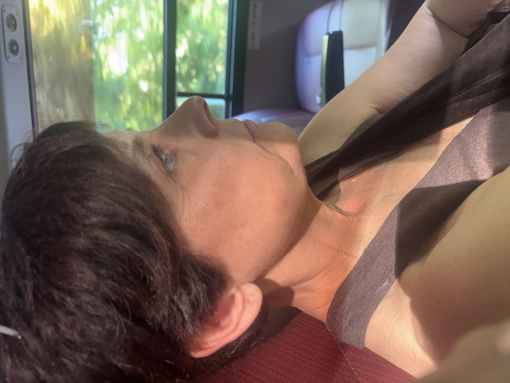 A medium shot, side profile of a woman with short, dark hair is captured from the chest up. She is seated indoors, with a dark red upholstered seat visible on the left. Her skin appears to be sun-kissed, with a golden hue and some faint red undertones. She is looking off to the right, her gaze directed towards a window.
Through the window, a blurred background of green foliage suggests an outdoor environment, possibly trees or bushes, bathed in bright sunlight. Inside the vehicle, a dark surface, possibly a seat or armrest, is visible in the background to the right. The lighting suggests it is daytime, with sunlight streaming in, creating shadows on the woman's face and shoulder. The overall impression is that of someone traveling by vehicle, perhaps a bus or a car, on a sunny day.