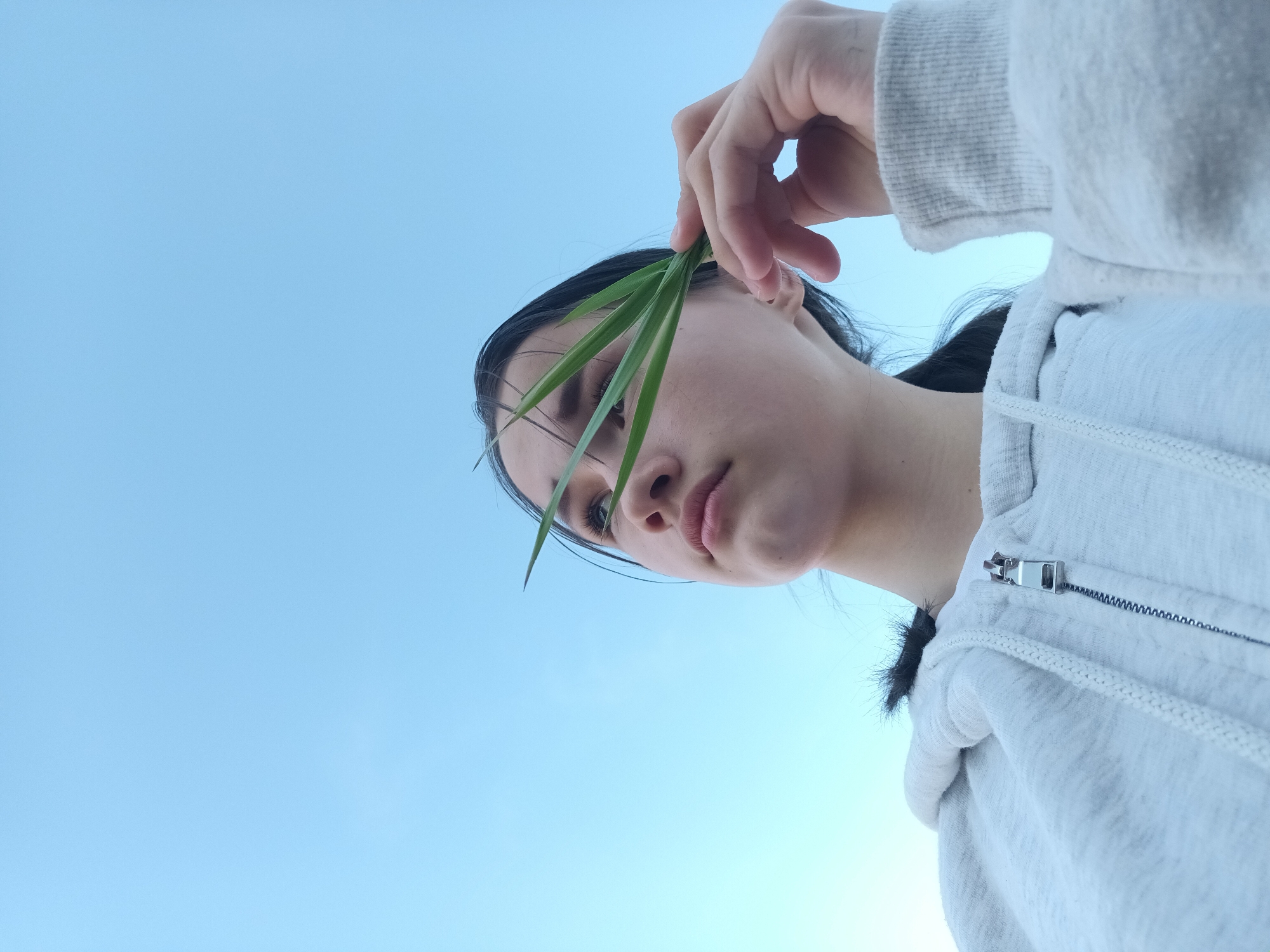 A low-angle, close-up image captures a young person, likely female, against a clear, bright blue sky. The subject's face is positioned in the upper portion of the frame, looking down towards the camera. Dark, straight hair frames her face. Her expression appears neutral or slightly contemplative, with her lips slightly parted.
In the upper right, her hand is visible, holding several long, vibrant green blades of grass. These blades are deliberately placed in front of her eyes, partially obscuring them and adding a sense of mystery or intentional concealment.
She is wearing a light grey or off-white hooded sweatshirt. The texture of the fabric is discernible, and a metallic zipper pull with part of the zipper track is clearly visible on the right side of her chest. The background is an expansive, cloudless blue sky, indicating an outdoor setting on a clear day. The perspective is from directly below the subject, creating an intimate and unique viewpoint. No specific location cues are visible within the frame, nor is there any visible text. The location context provided is Ольховка, Russia.