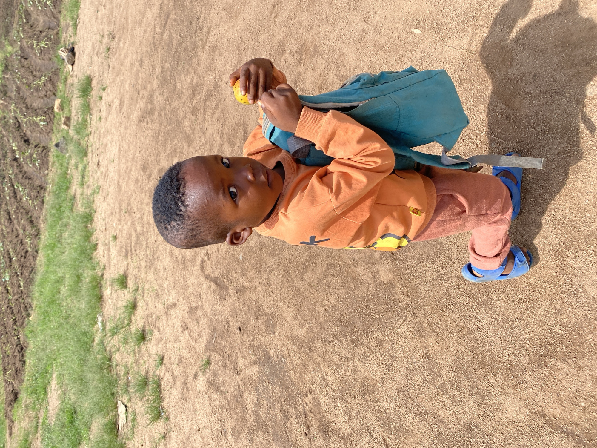 The image features a young, dark-skinned child standing outdoors on a sunny day. The child, with short dark hair, is looking directly at the camera with a neutral and observant expression. They are dressed in an orange long-sleeved shirt with a yellow and black graphic on the lower front, light brown or peach-colored trousers, and blue plastic sandals. A light blue backpack is worn on their back. The child holds a light yellow fruit, possibly an apple, in their hands, which are clasped together in front of them.
The setting is a rural or semi-rural area. The child is standing on light brown, sandy or gravelly ground. To the left of the child, a section of tilled dark earth with young green plants and sparse grass is visible, extending into the background. More green grass is present further back. Distinct shadows on the ground, including a large shadow from the person taking the photograph, indicate bright sunlight, suggesting it is daytime, likely mid-morning or afternoon. There is no visible text in the image.